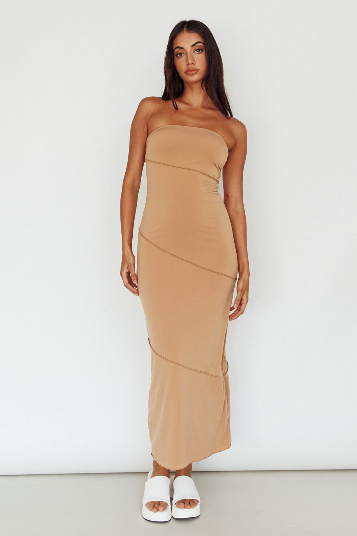Making Headlines Strapless Midi Dress Camel-Maymioy