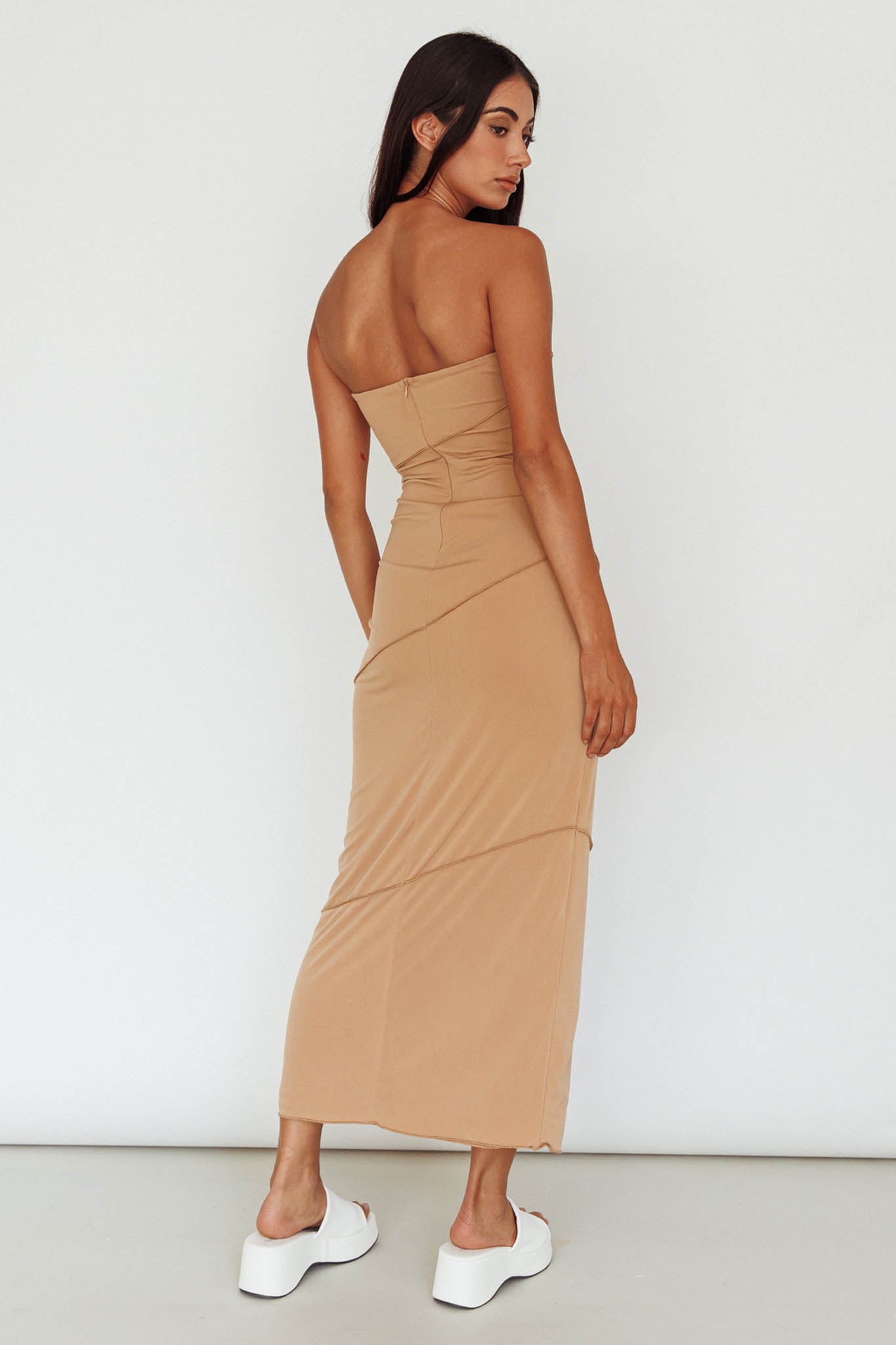 Making Headlines Strapless Midi Dress Camel-Maymioy