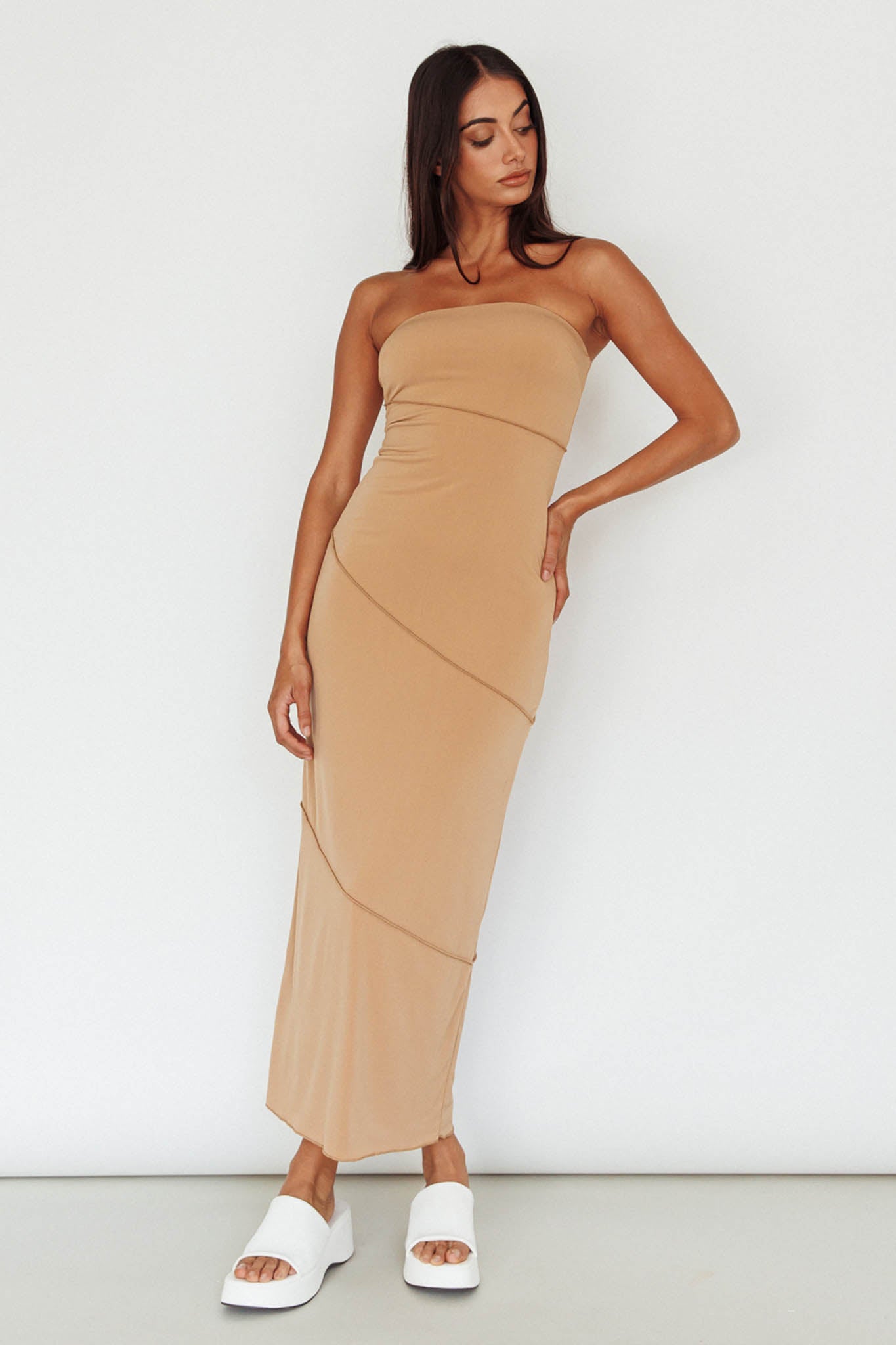 Making Headlines Strapless Midi Dress Camel-Maymioy