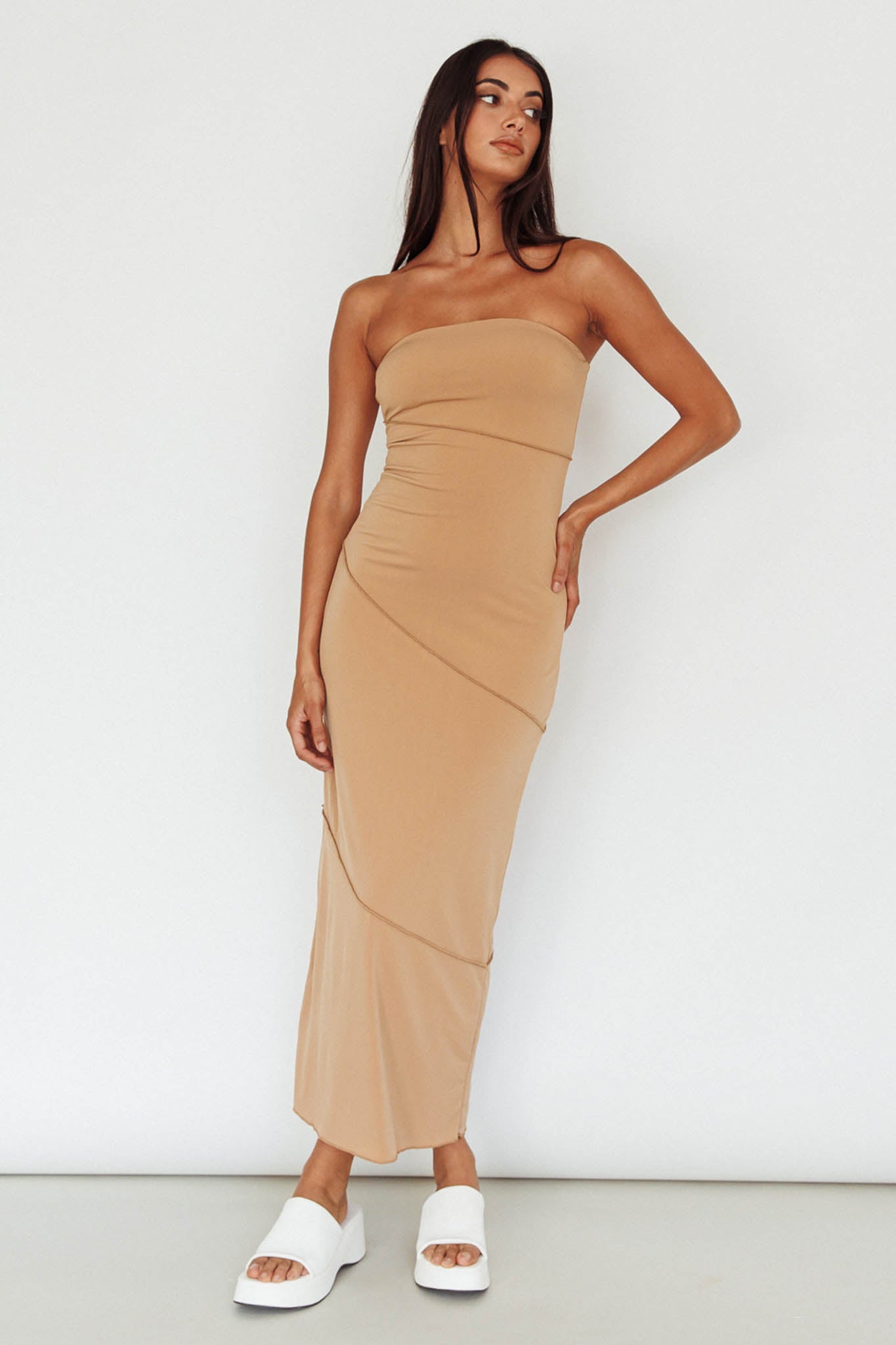 Making Headlines Strapless Midi Dress Camel-Maymioy