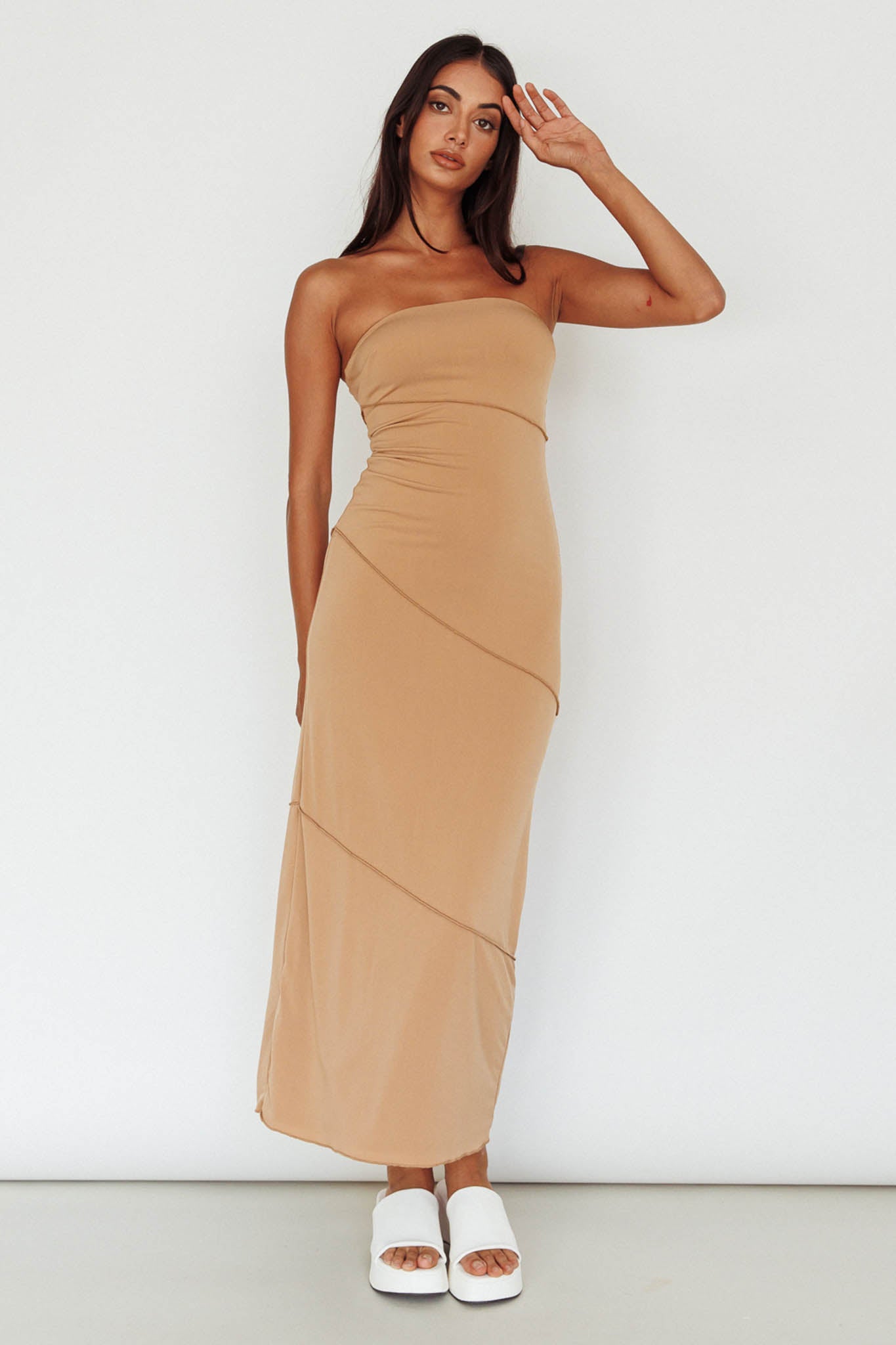 Making Headlines Strapless Midi Dress Camel-Maymioy