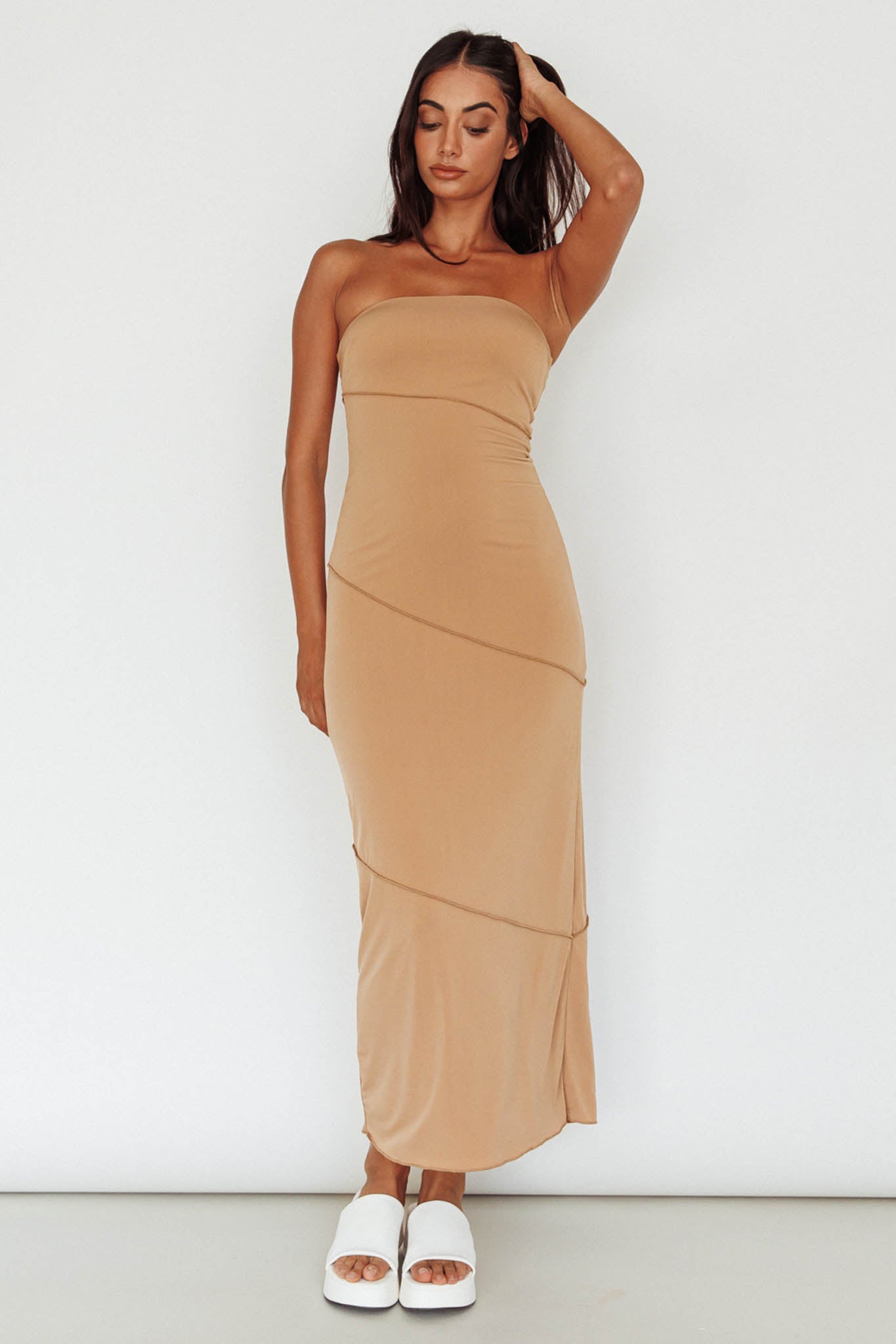 Making Headlines Strapless Midi Dress Camel-Maymioy