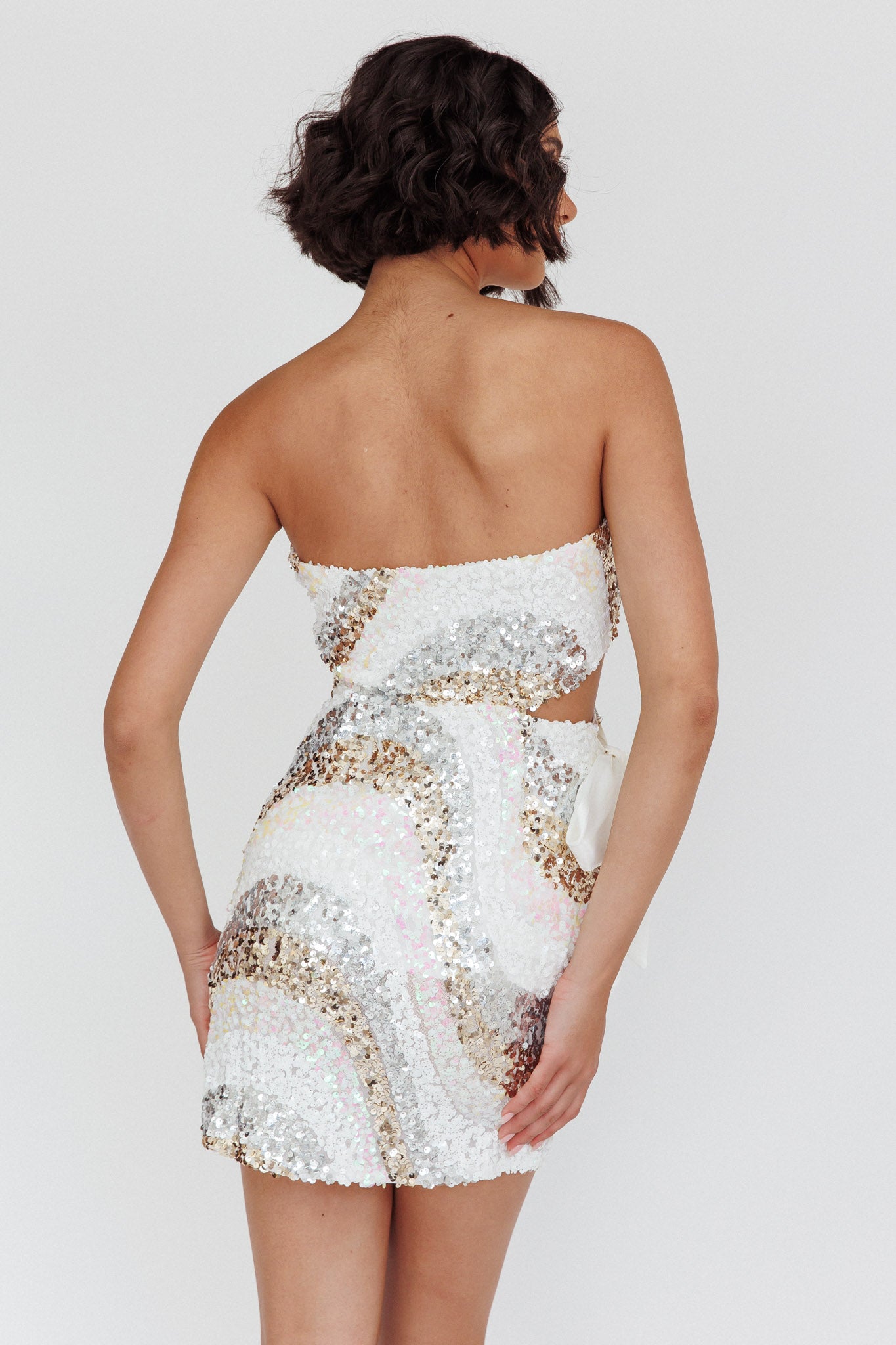 Eyes For You Waist Tie Mini Dress Sequin White-Maymioy