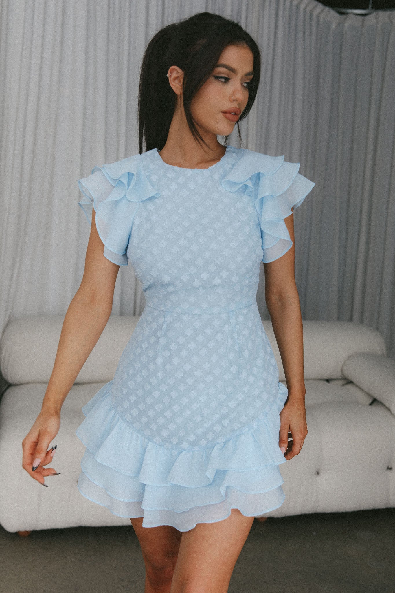 Destined To Be Ruffle Mini Dress Textured Blue-Maymioy