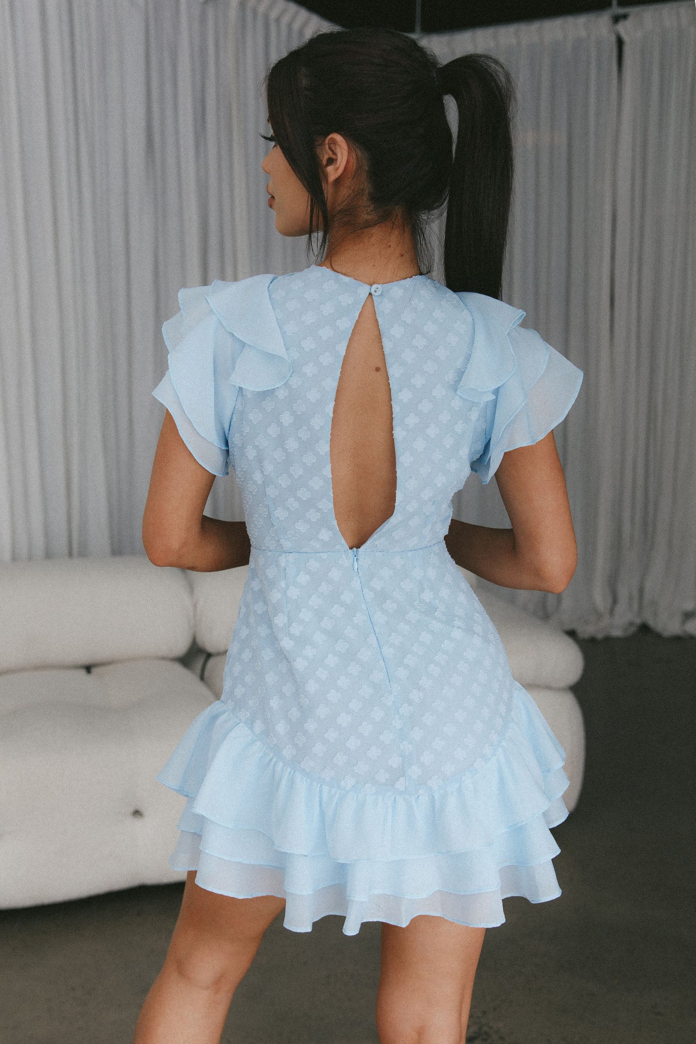 Destined To Be Ruffle Mini Dress Textured Blue-Maymioy