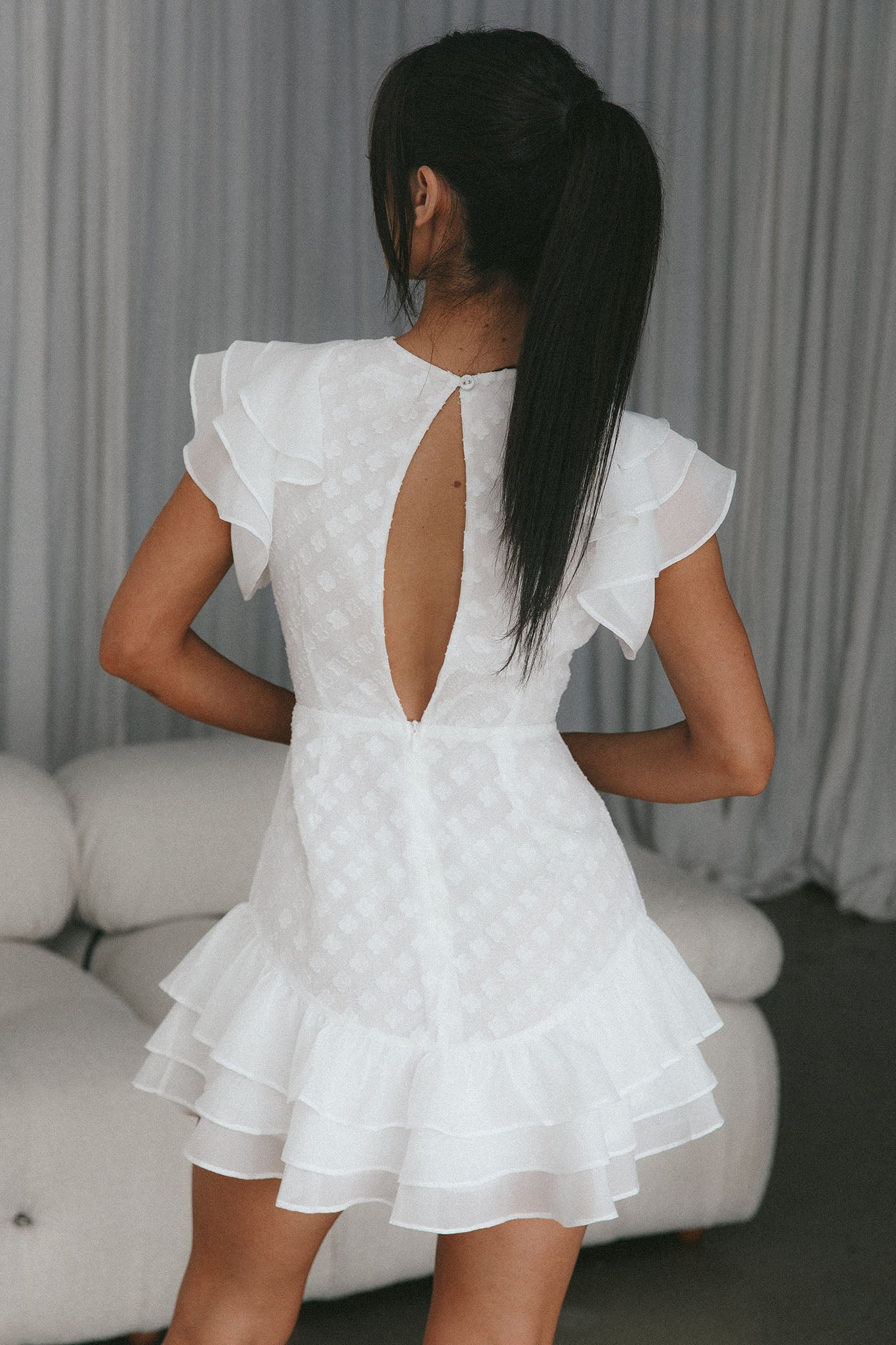 Destined To Be Ruffle Mini Dress Textured White-Maymioy