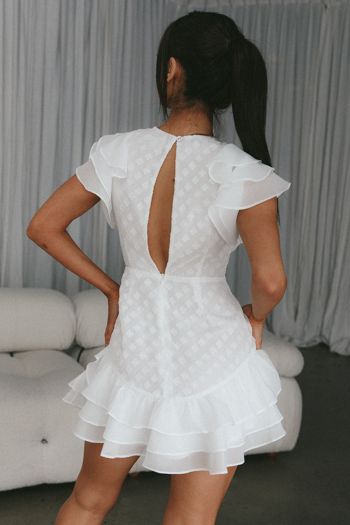 Destined To Be Ruffle Mini Dress Textured White-Maymioy
