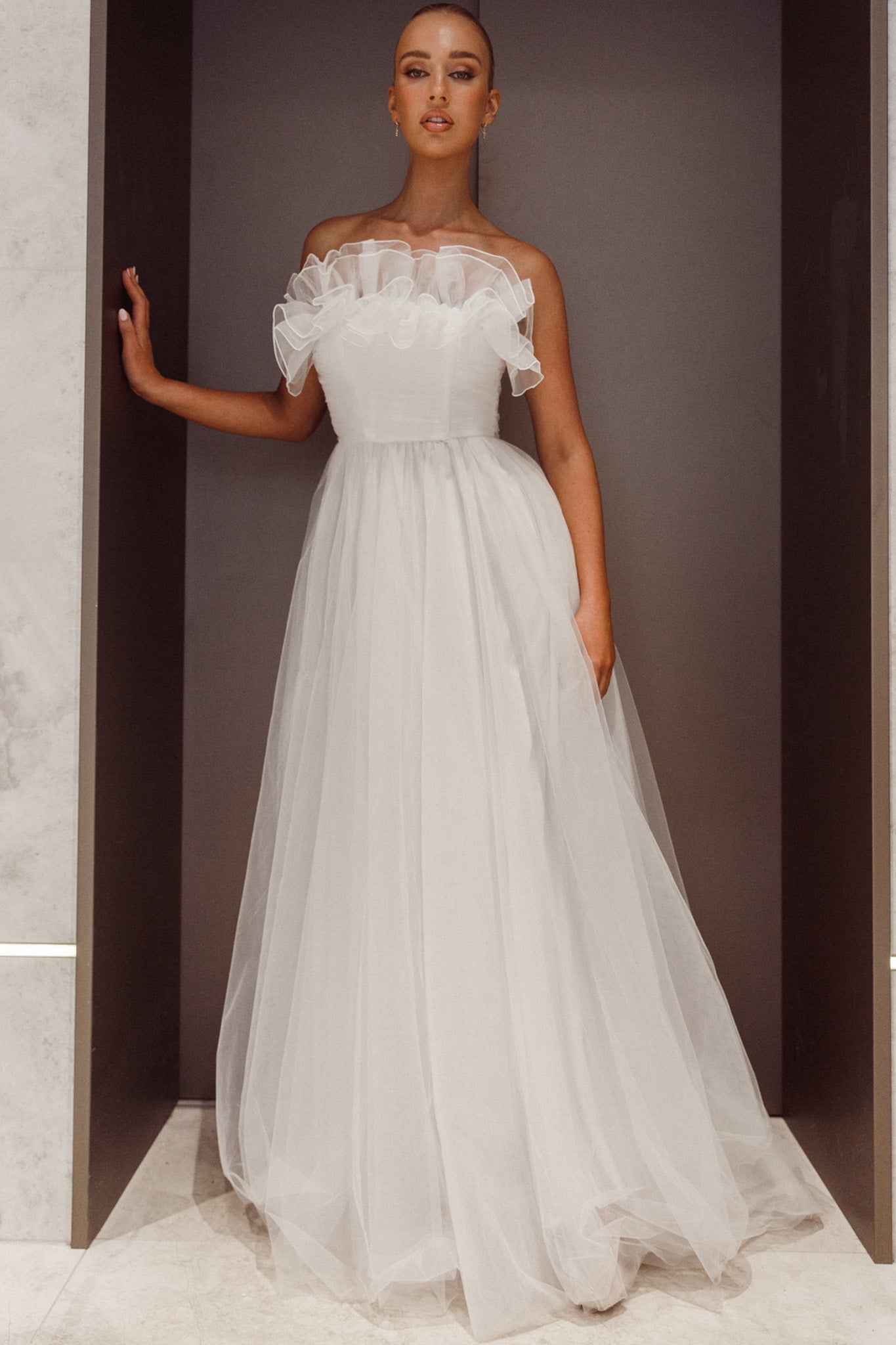Marietha Organza Frill Maxi Wedding Dress White-Maymioy