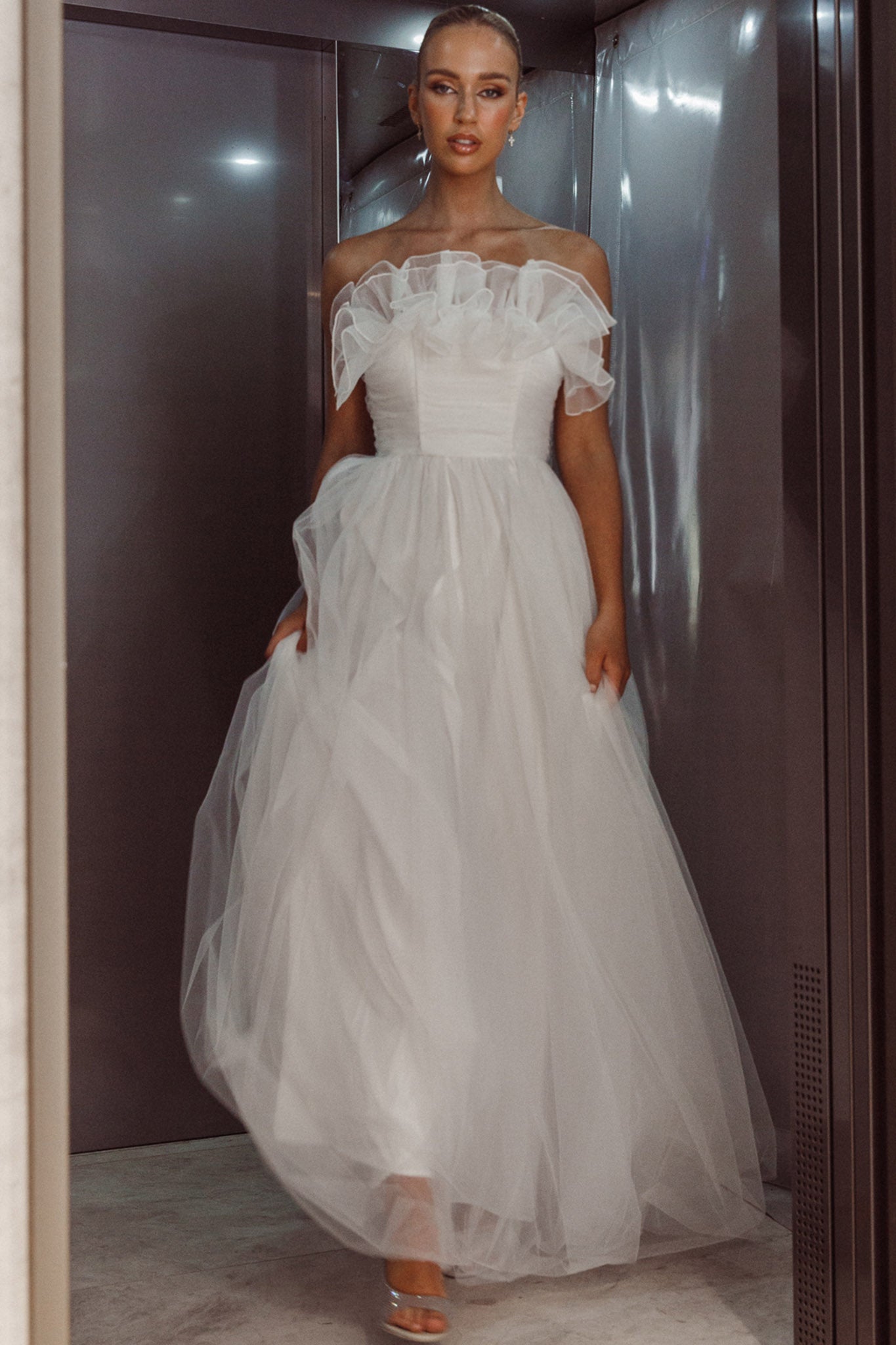 Marietha Organza Frill Maxi Wedding Dress White-Maymioy