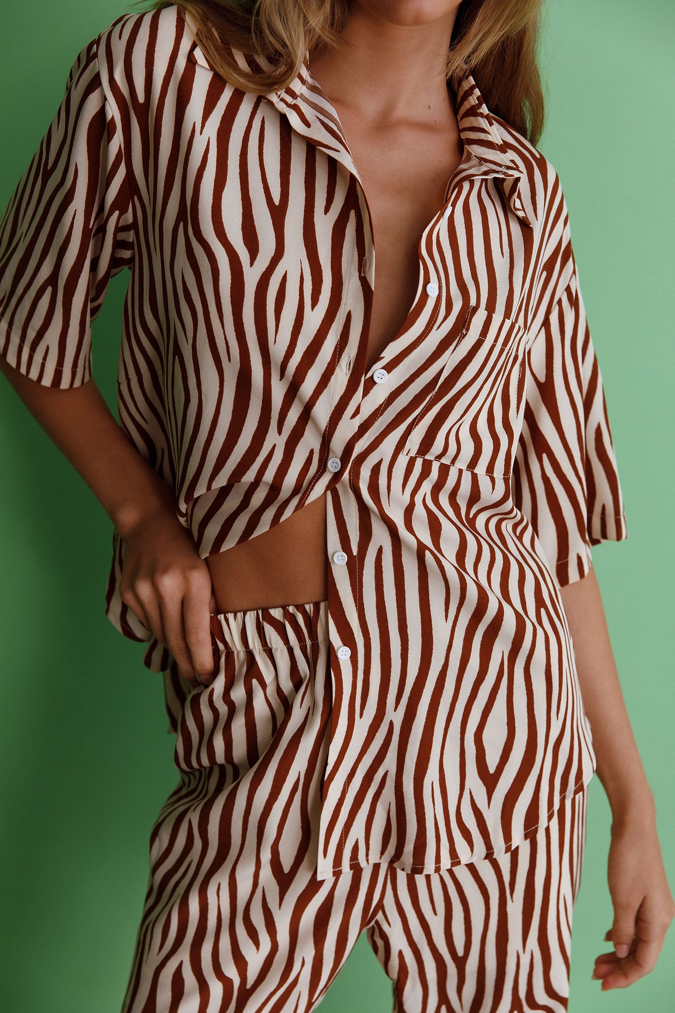 Just A Hunch Button Shirt Zebra Brown-Maymioy