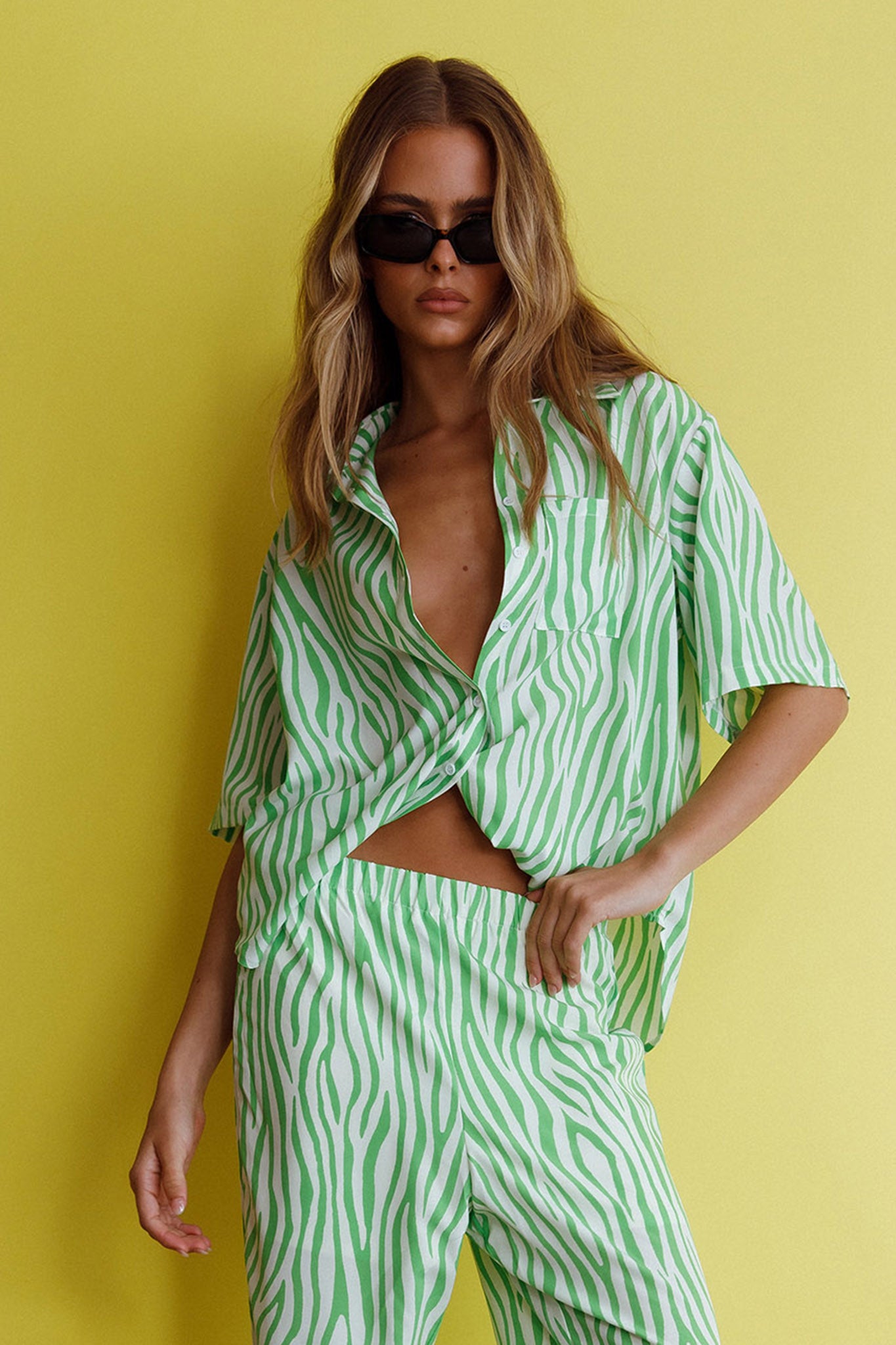 Just A Hunch Button Shirt Zebra Green-Maymioy