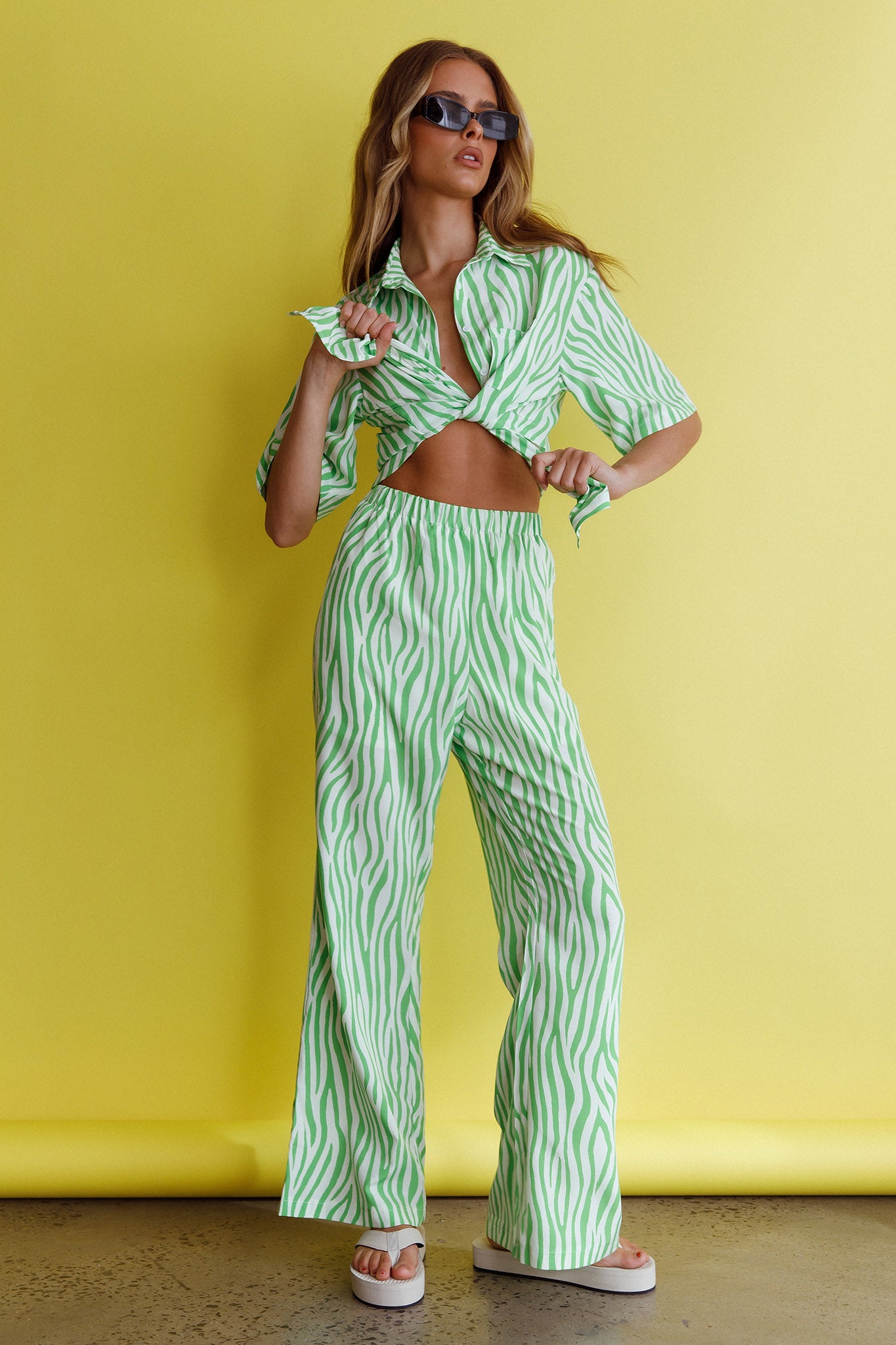 Just A Hunch Button Shirt Zebra Green-Maymioy