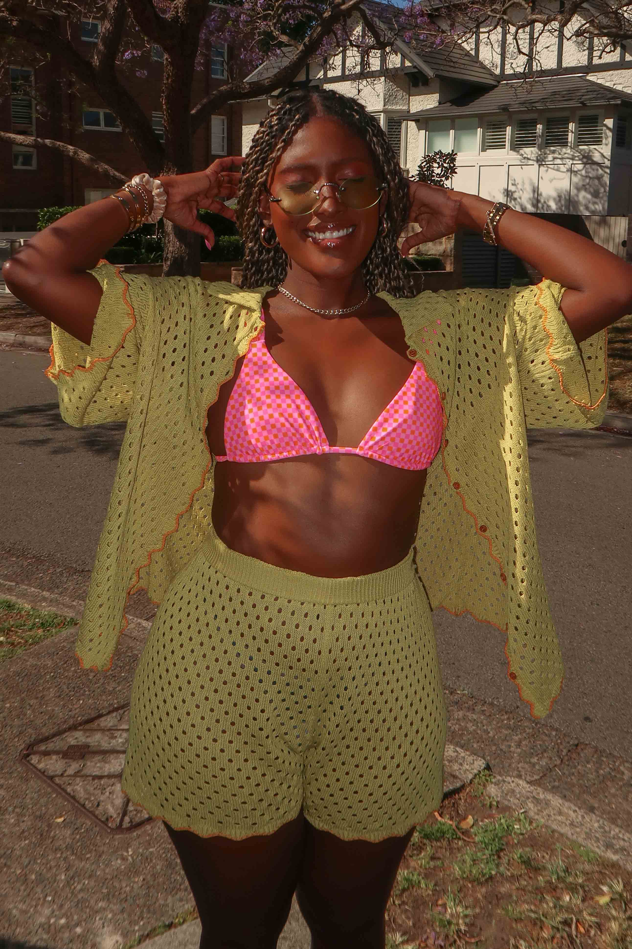 Just A Hunch Crochet Shorts Avocado/Pumpkin-Maymioy