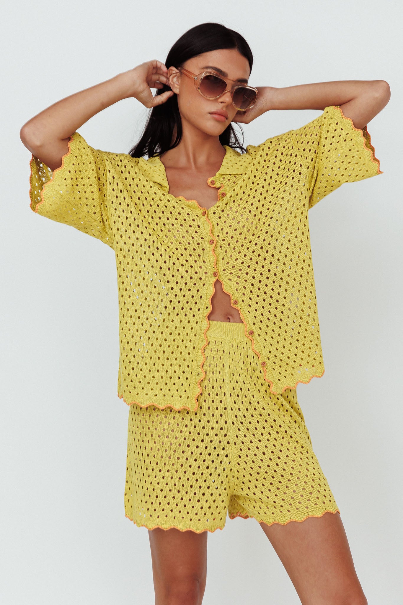 Just A Hunch Button Crochet Shirt Avocado/Pumpkin-Maymioy
