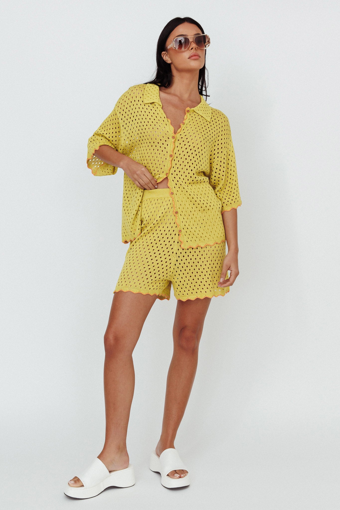 Just A Hunch Button Crochet Shirt Avocado/Pumpkin-Maymioy