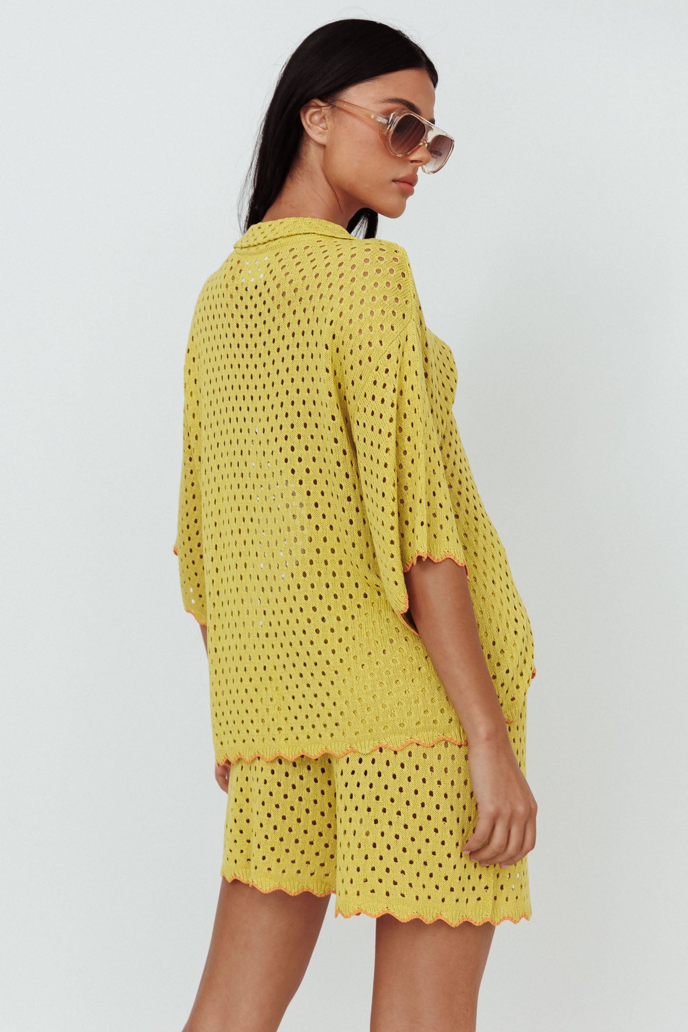Just A Hunch Button Crochet Shirt Avocado/Pumpkin-Maymioy