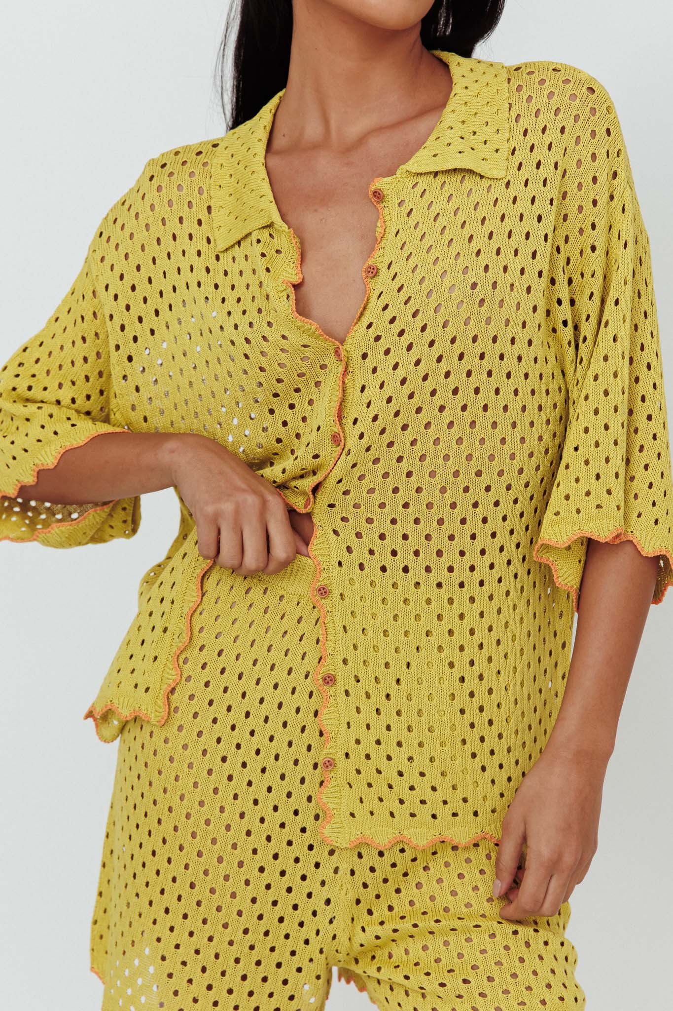Just A Hunch Button Crochet Shirt Avocado/Pumpkin-Maymioy