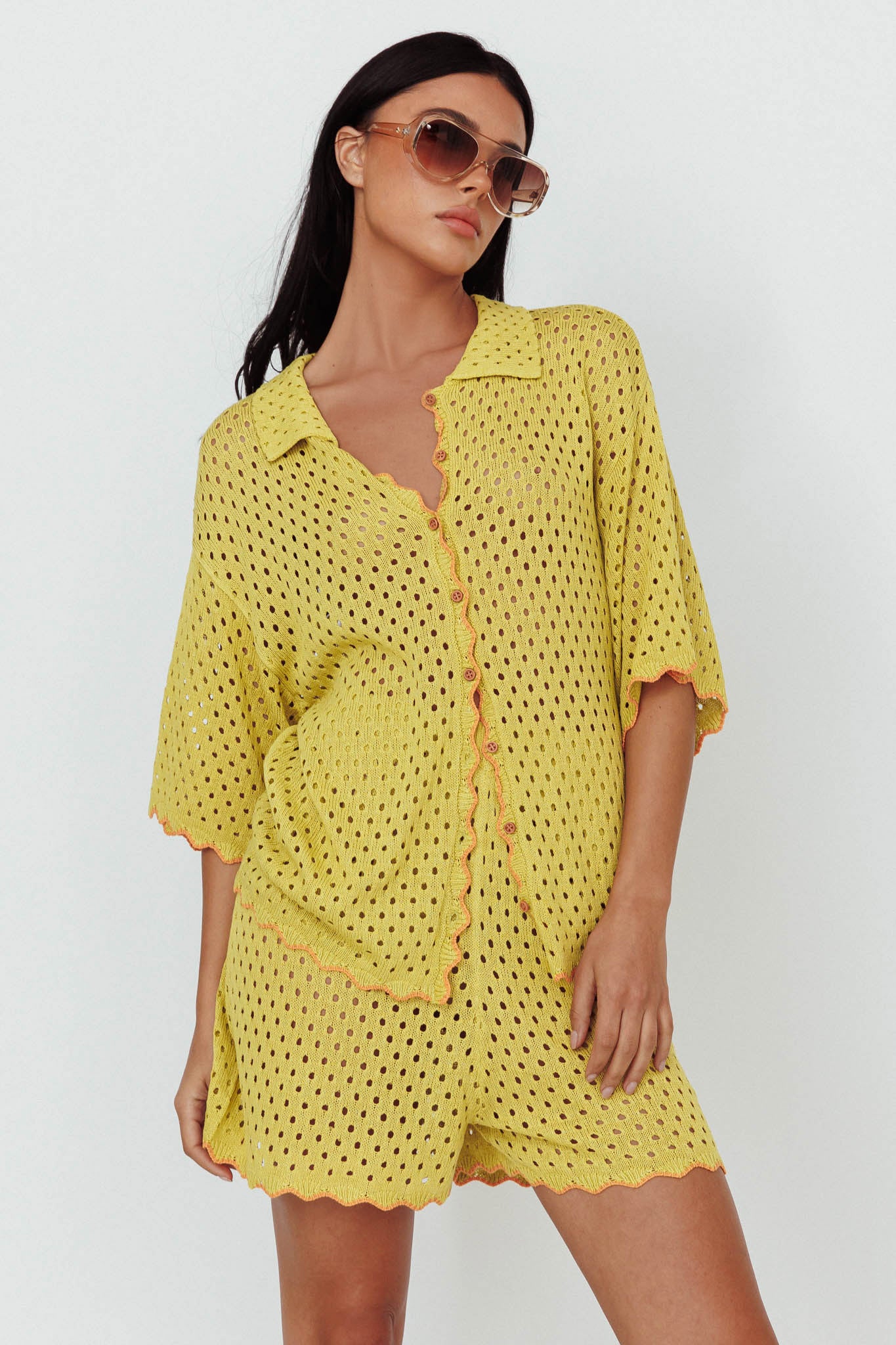 Just A Hunch Button Crochet Shirt Avocado/Pumpkin-Maymioy