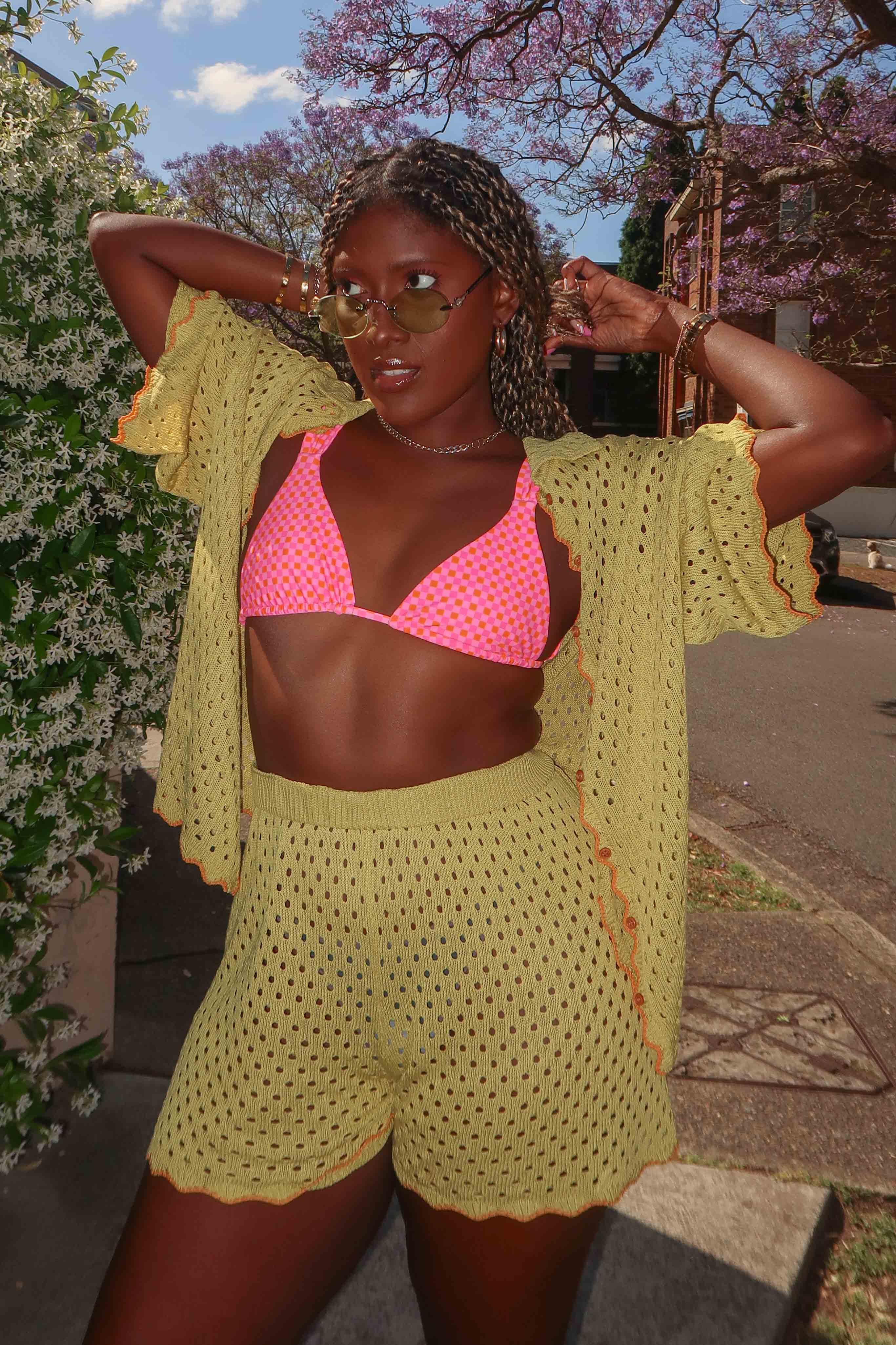Just A Hunch Button Crochet Shirt Avocado/Pumpkin-Maymioy