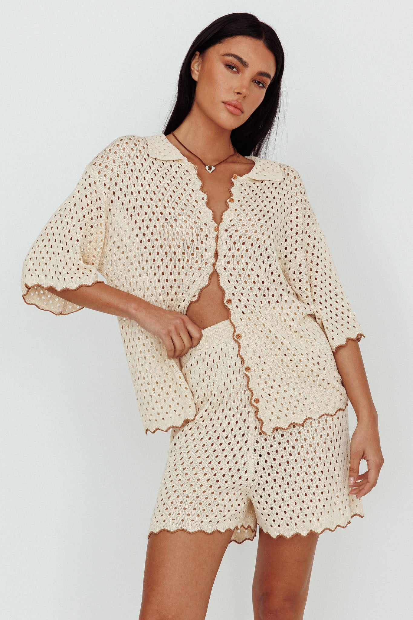 Just A Hunch Button Crochet Shirt Nutmeg/Shell-Maymioy