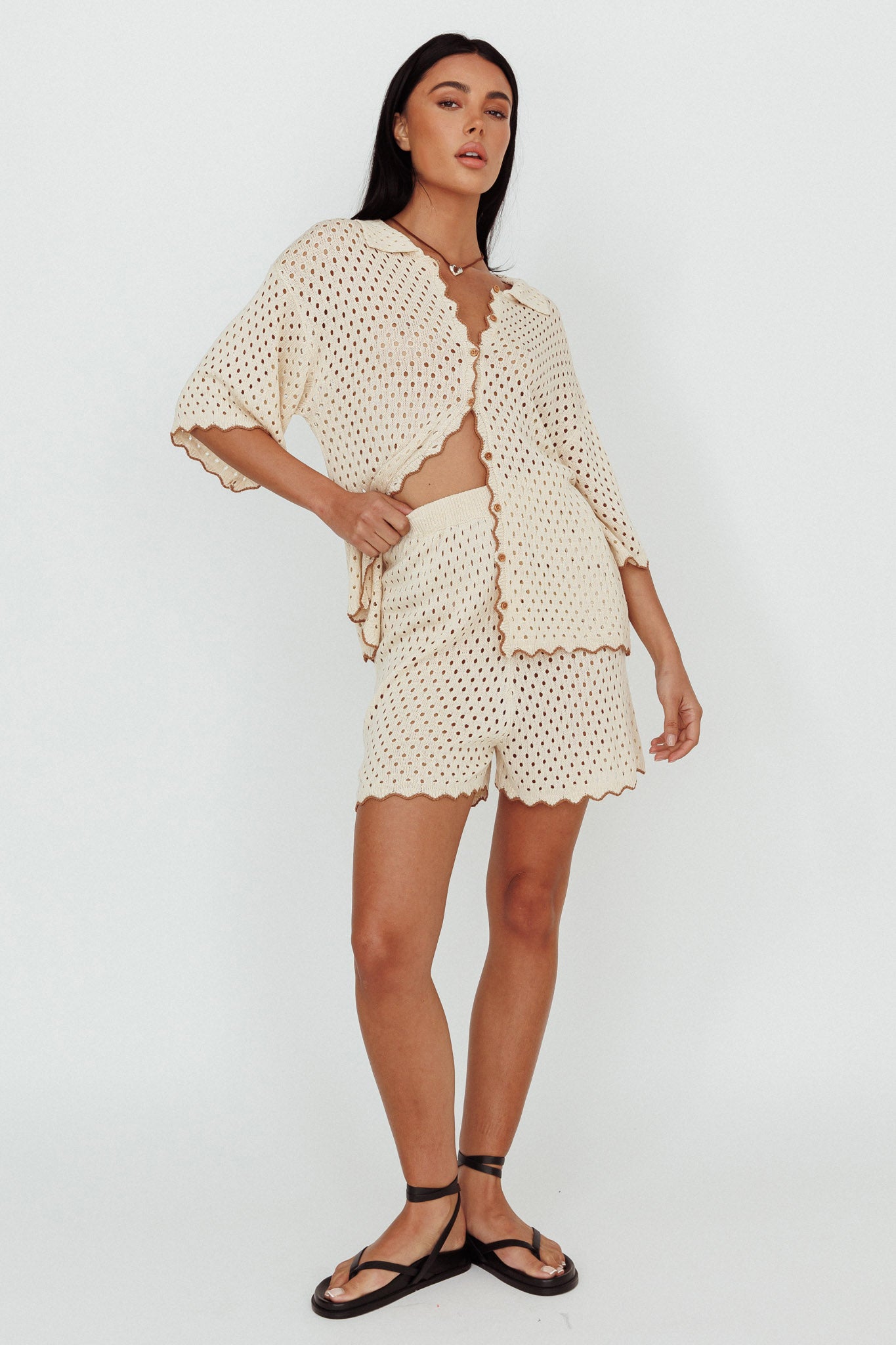 Just A Hunch Button Crochet Shirt Nutmeg/Shell-Maymioy