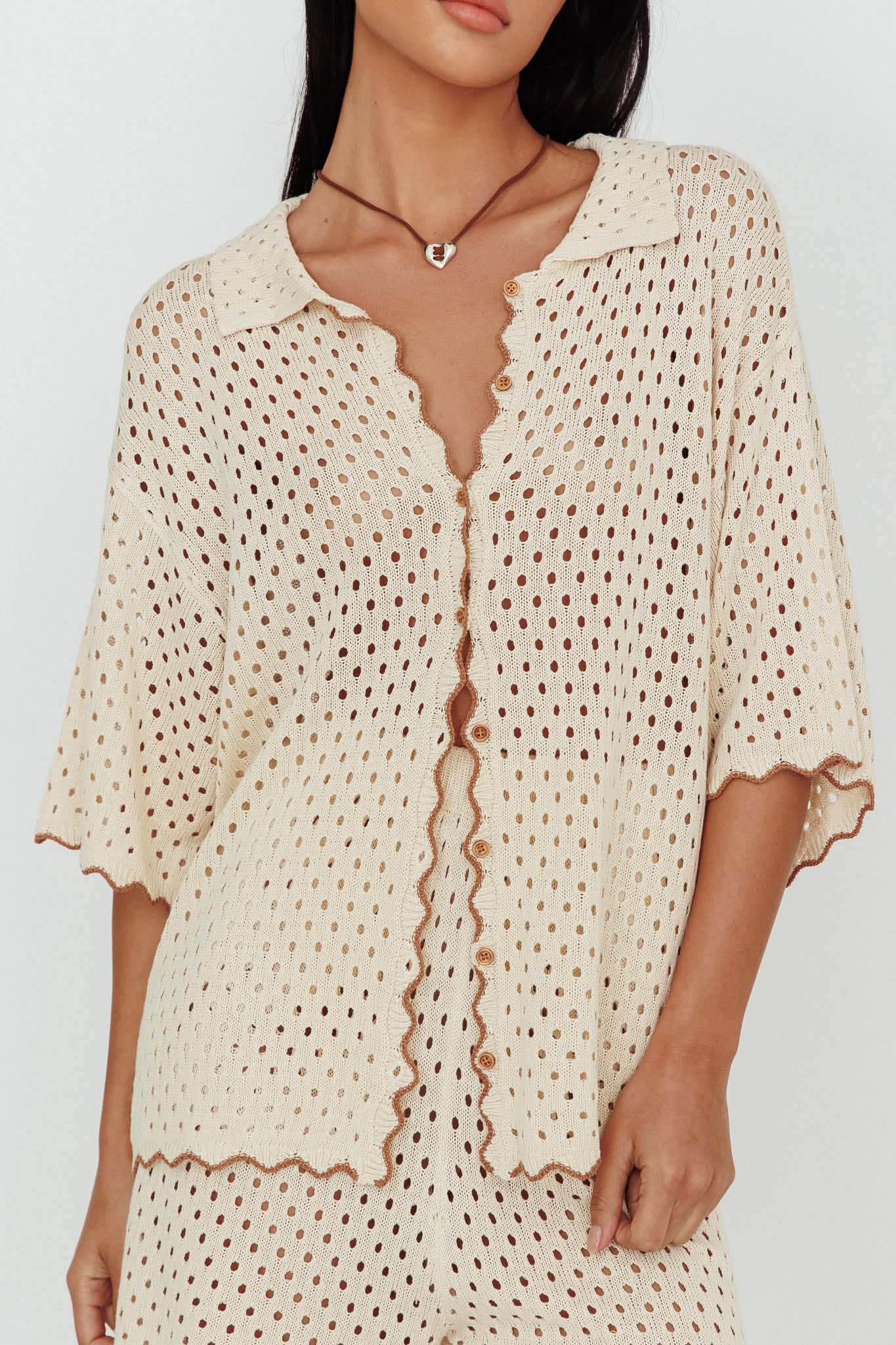 Just A Hunch Button Crochet Shirt Nutmeg/Shell-Maymioy