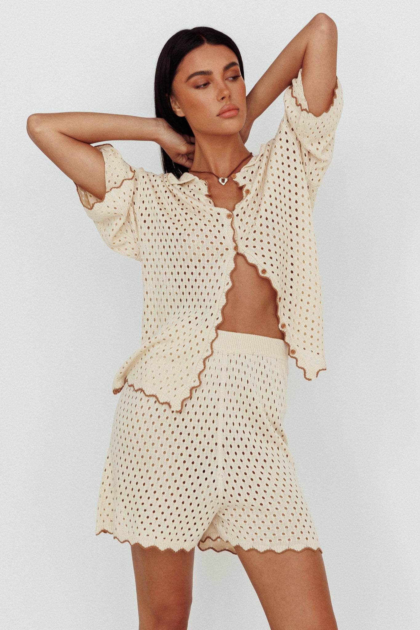 Just A Hunch Button Crochet Shirt Nutmeg/Shell-Maymioy