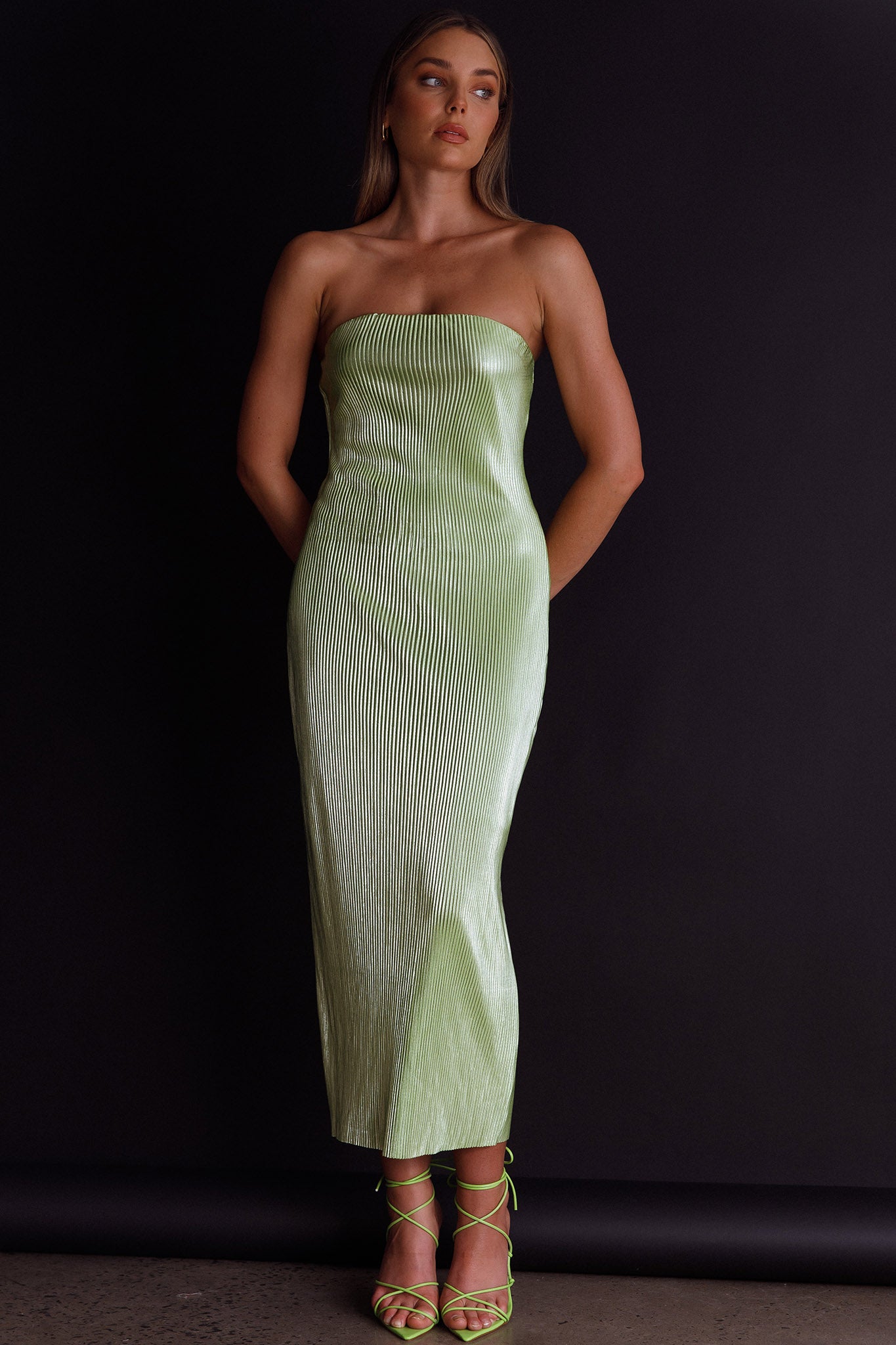 Shondra Accordion Pleat Tube Dress Lime-Maymioy
