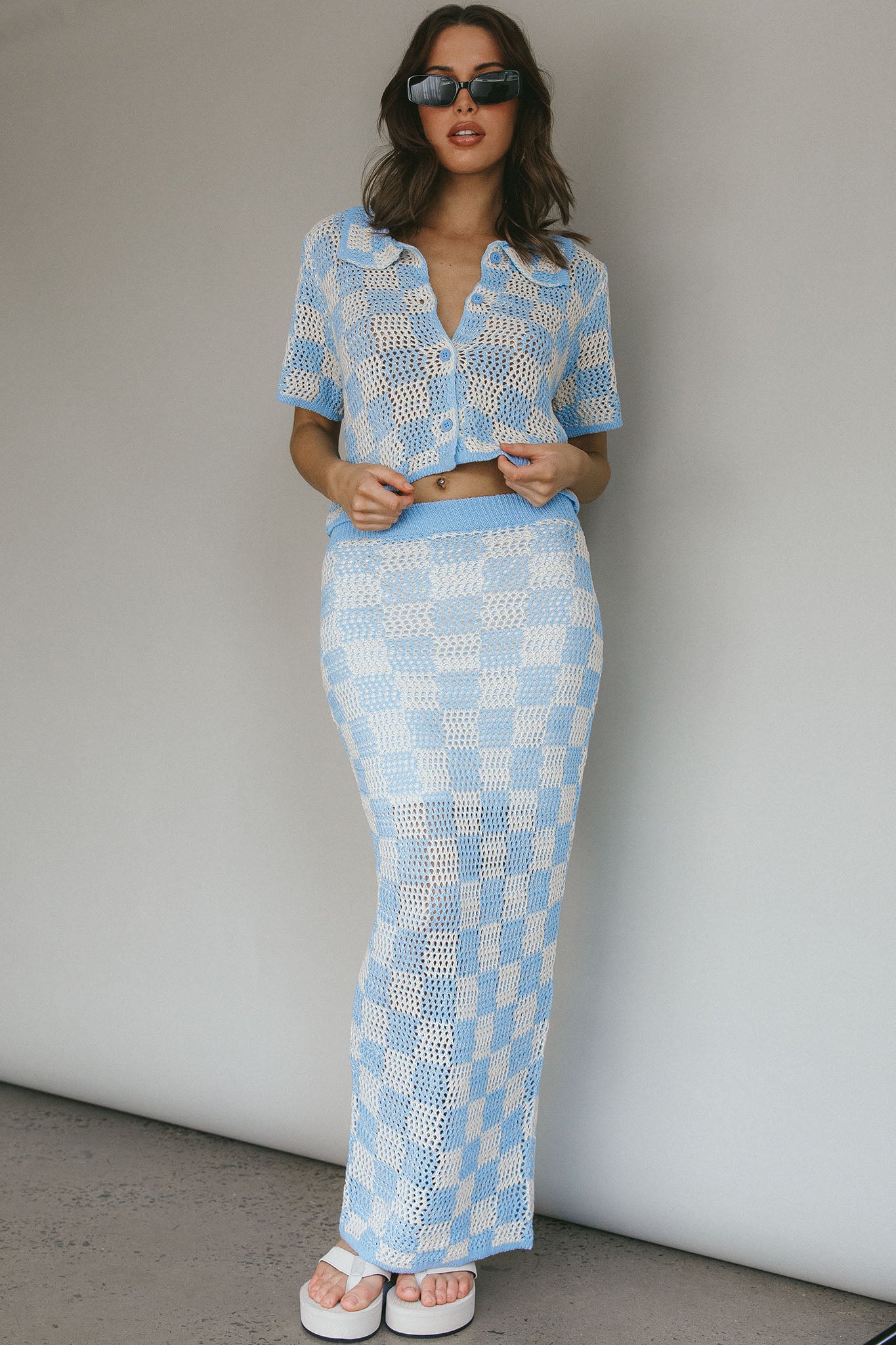 Byron Bay Crochet Buttoned Top Blue-Maymioy