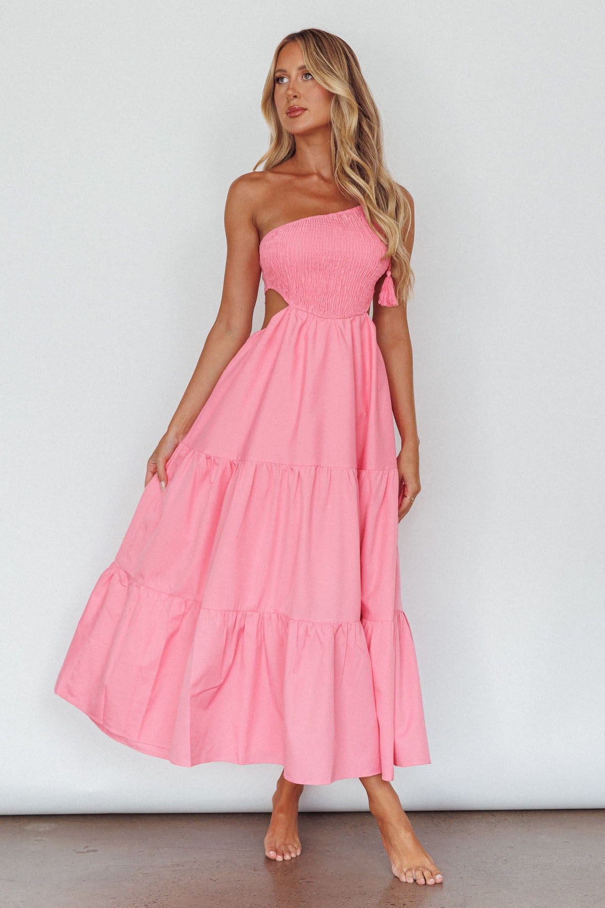 Tamzin Shirred Bodice Midi Dress Soft Pink-Maymioy