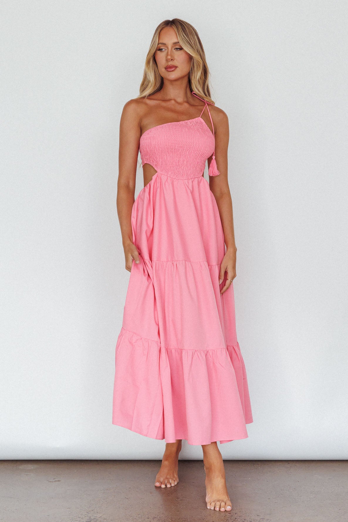 Tamzin Shirred Bodice Midi Dress Soft Pink-Maymioy