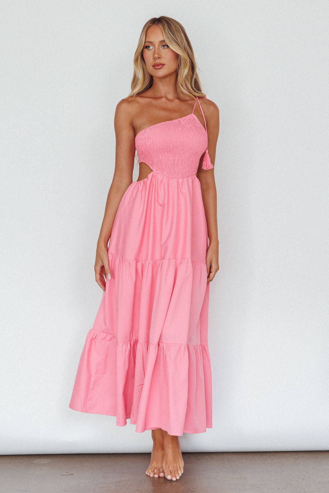 Tamzin Shirred Bodice Midi Dress Soft Pink-Maymioy