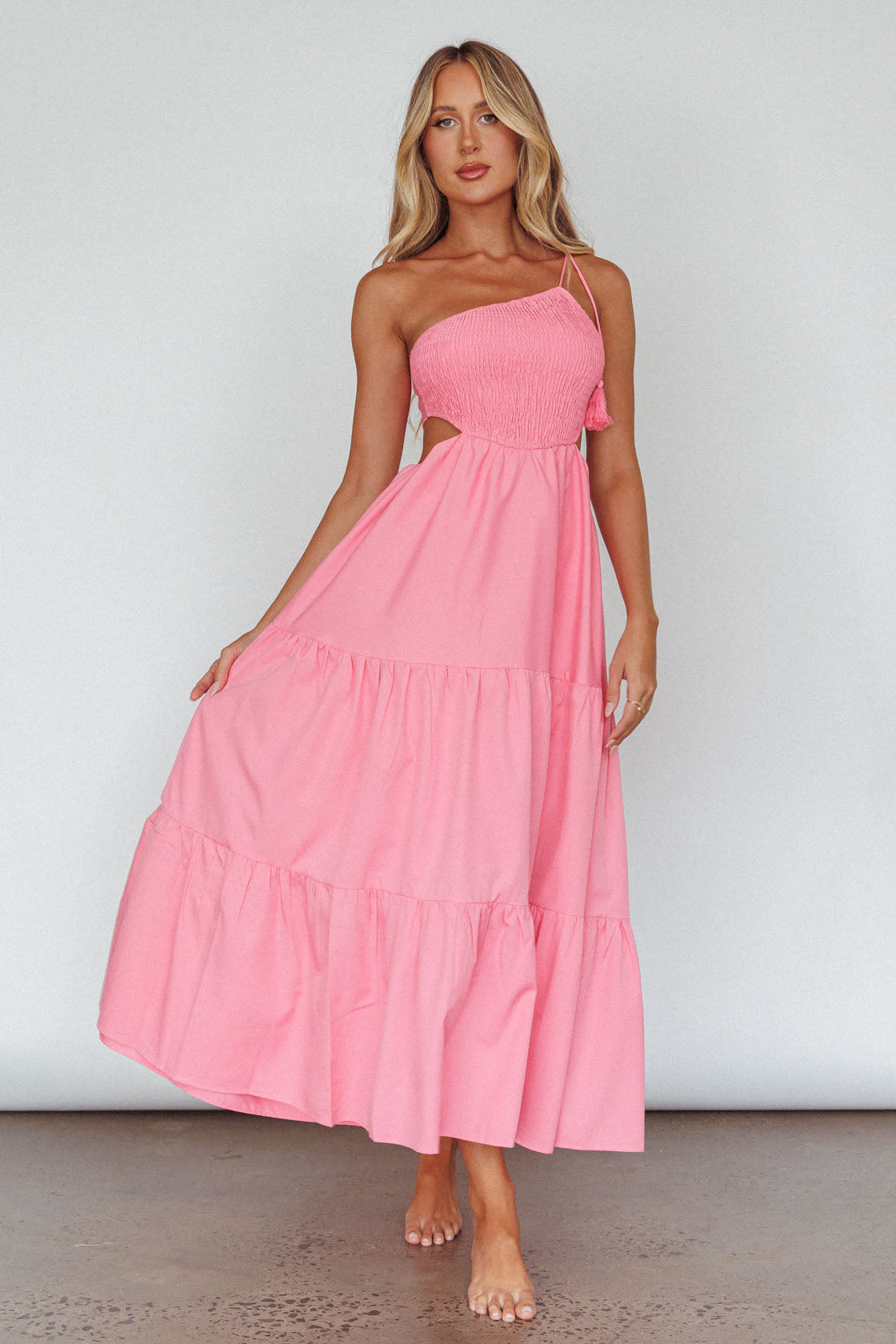 Tamzin Shirred Bodice Midi Dress Soft Pink-Maymioy