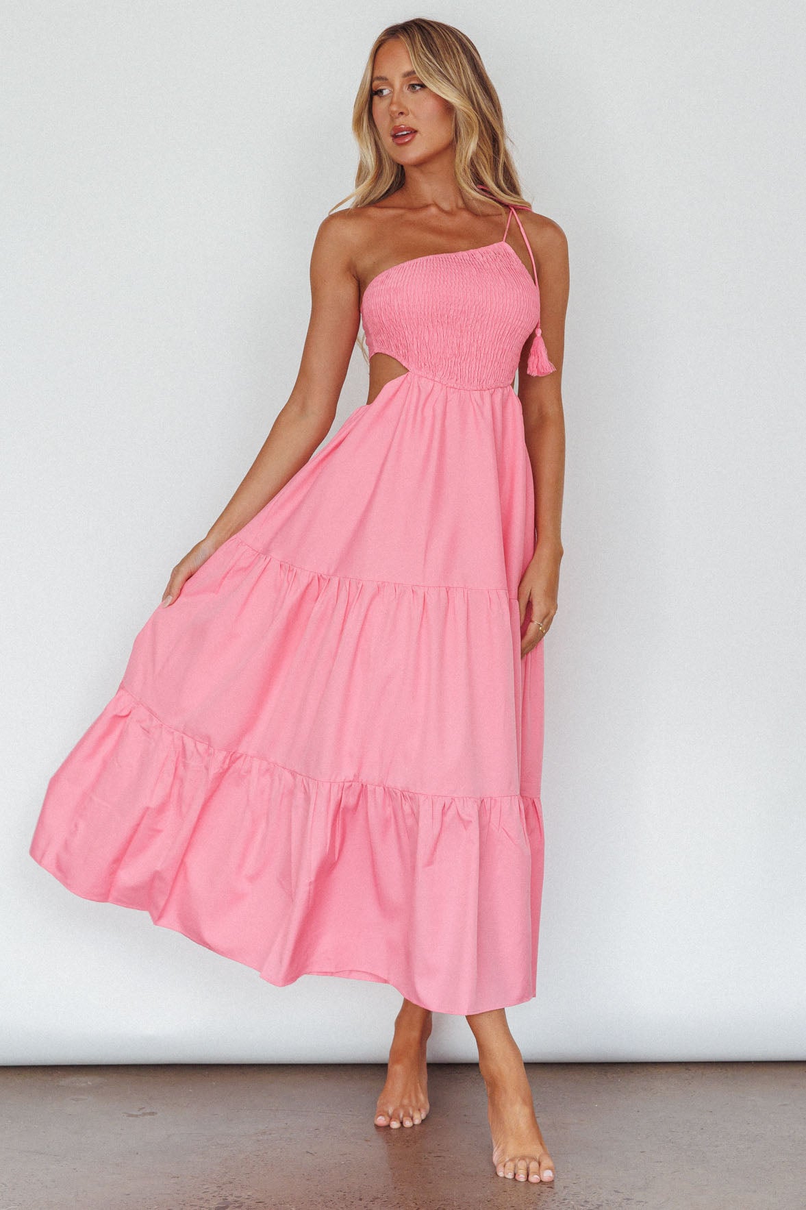 Tamzin Shirred Bodice Midi Dress Soft Pink-Maymioy