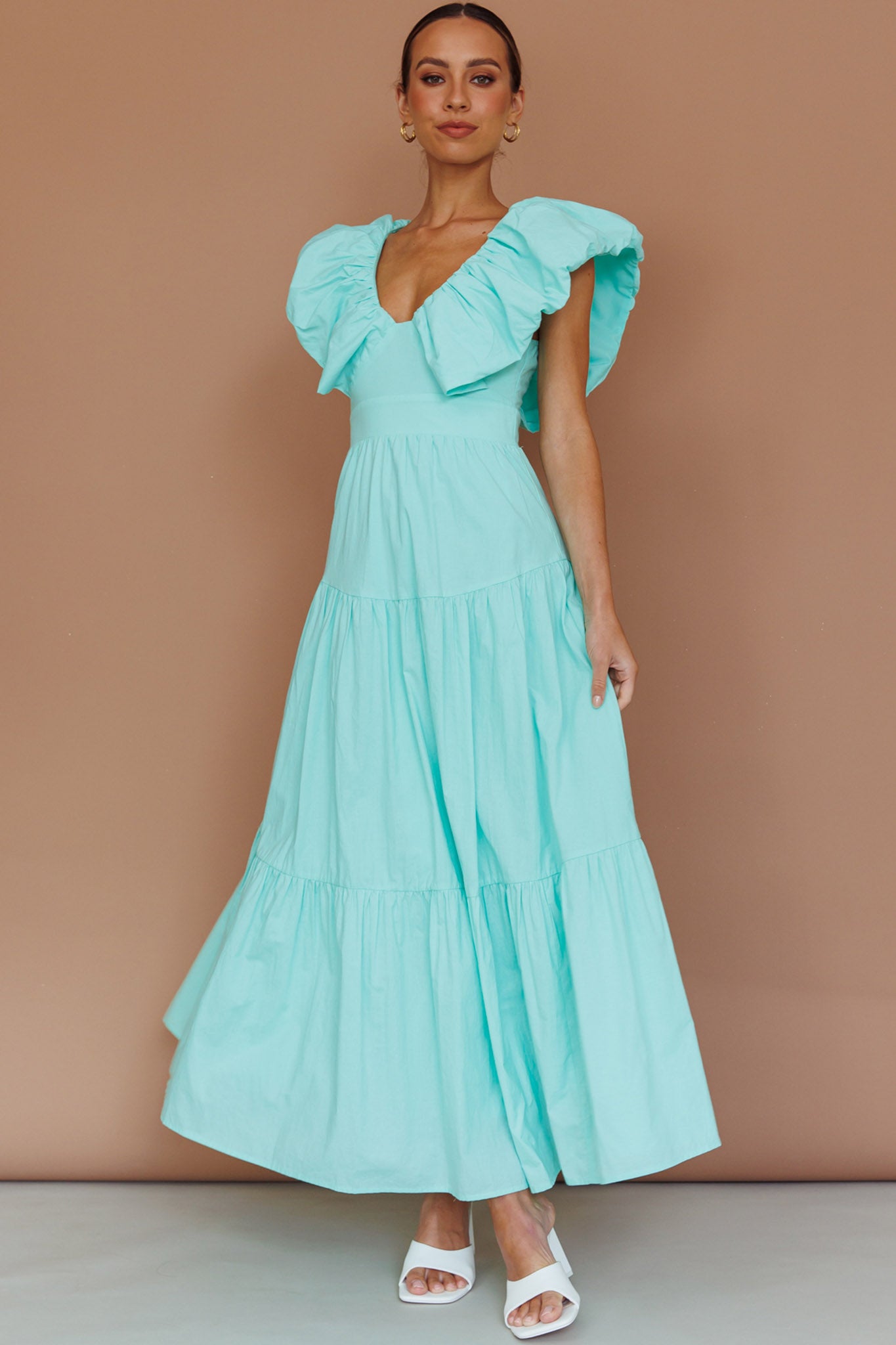 Kahlo Puffed Ruffle Neckline Maxi Dress Mint-Maymioy