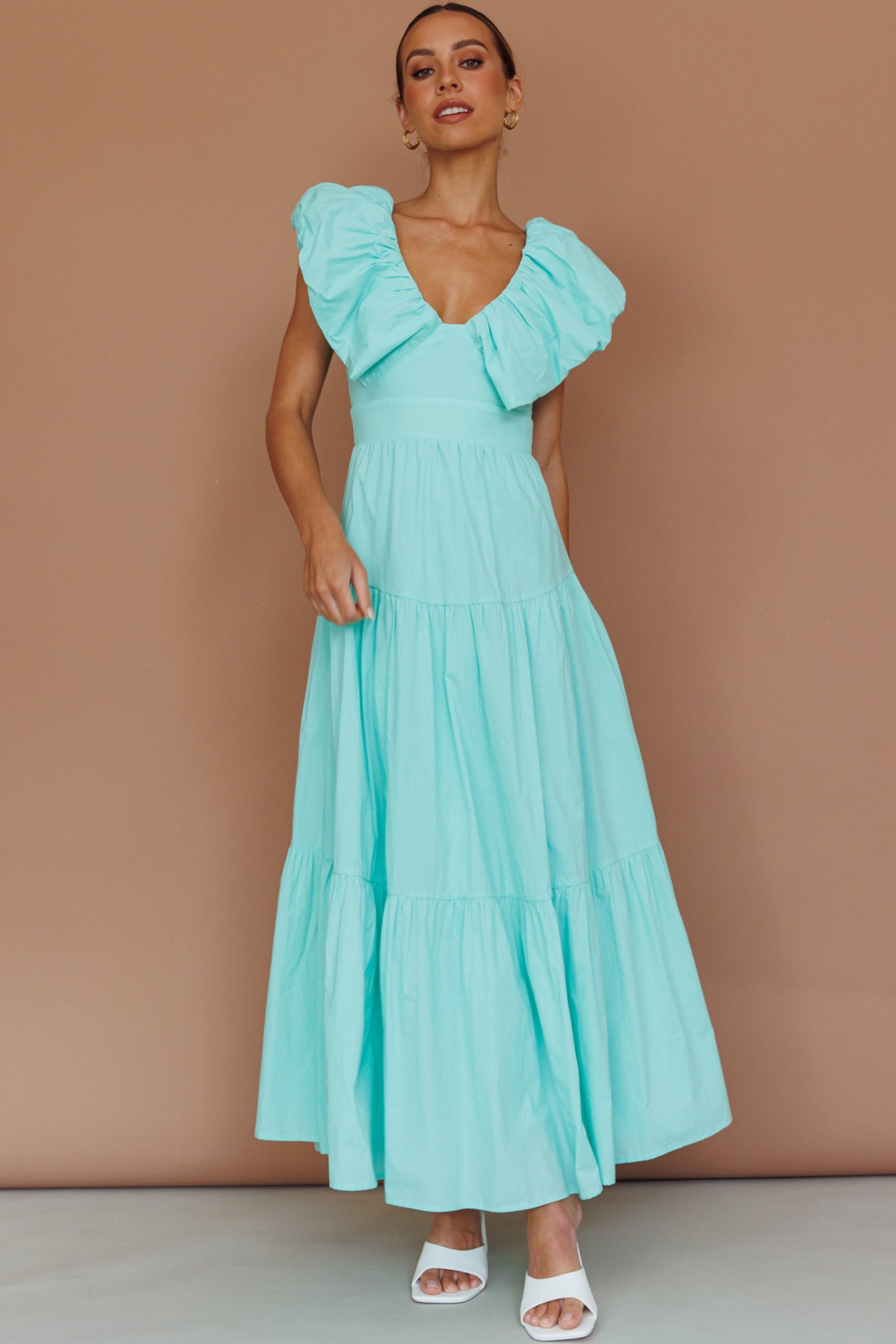 Kahlo Puffed Ruffle Neckline Maxi Dress Mint-Maymioy