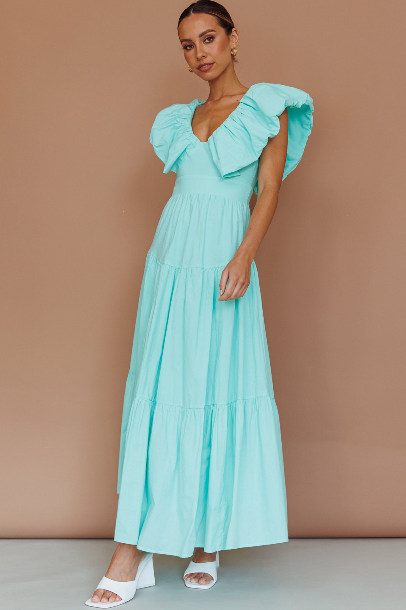 Kahlo Puffed Ruffle Neckline Maxi Dress Mint-Maymioy