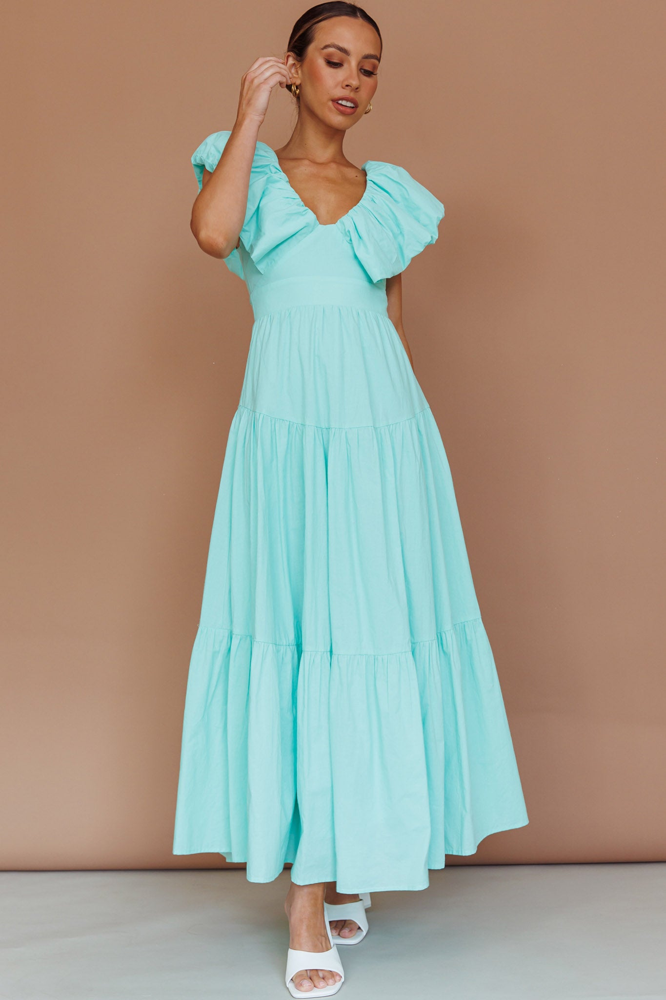 Kahlo Puffed Ruffle Neckline Maxi Dress Mint-Maymioy