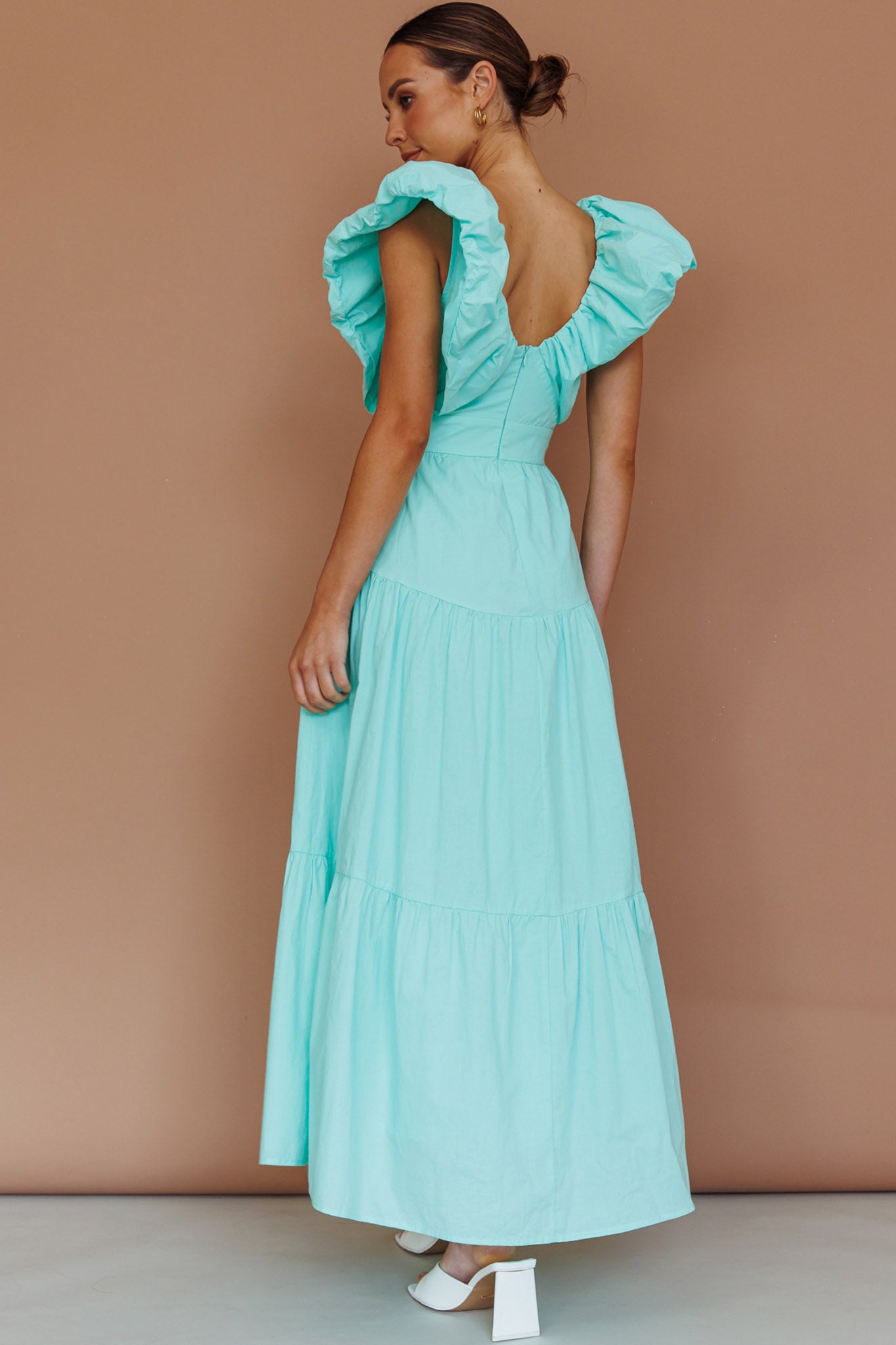 Kahlo Puffed Ruffle Neckline Maxi Dress Mint-Maymioy