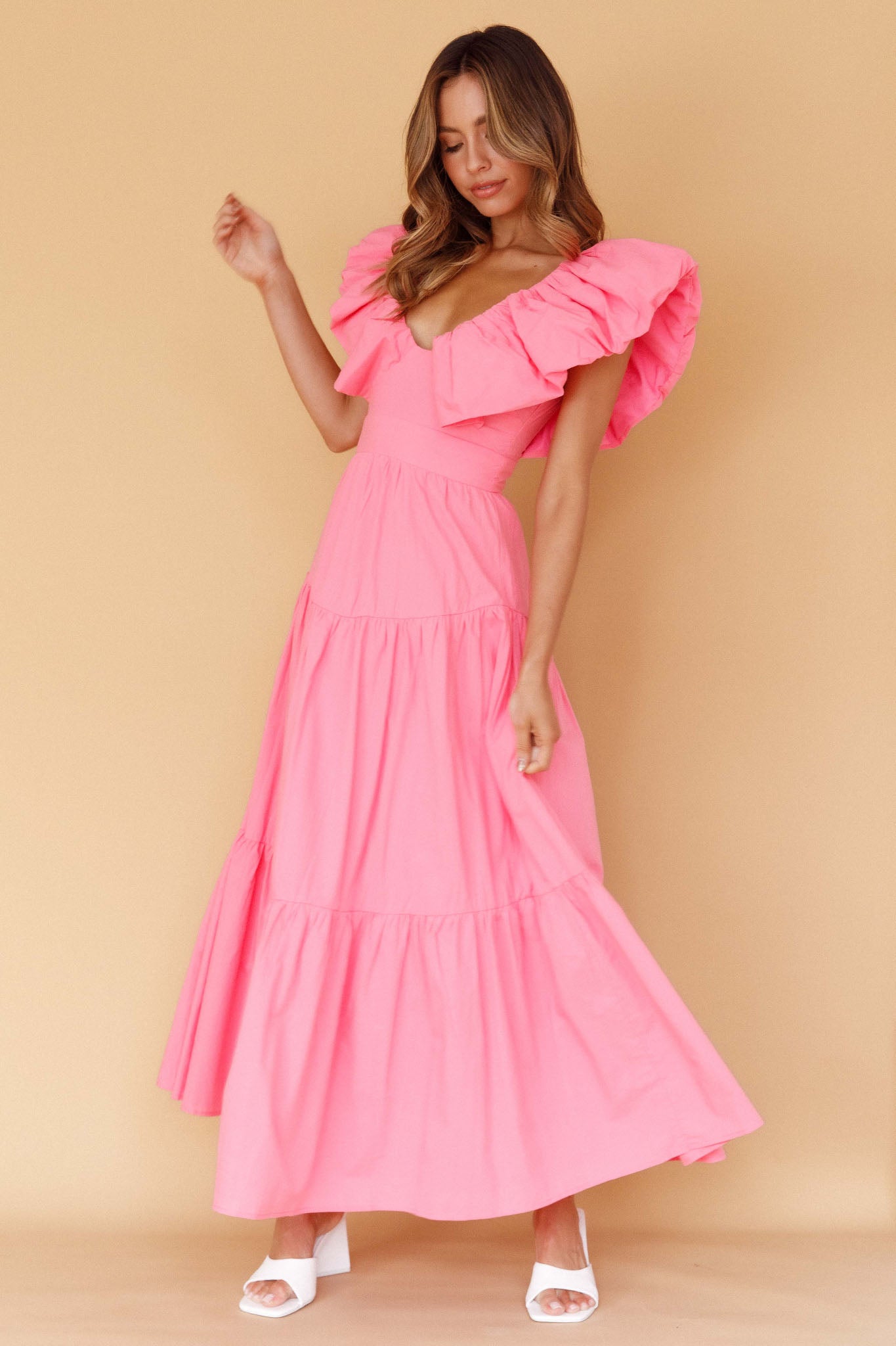 Kahlo Puffed Ruffle Neckline Maxi Dress Soft Pink-Maymioy