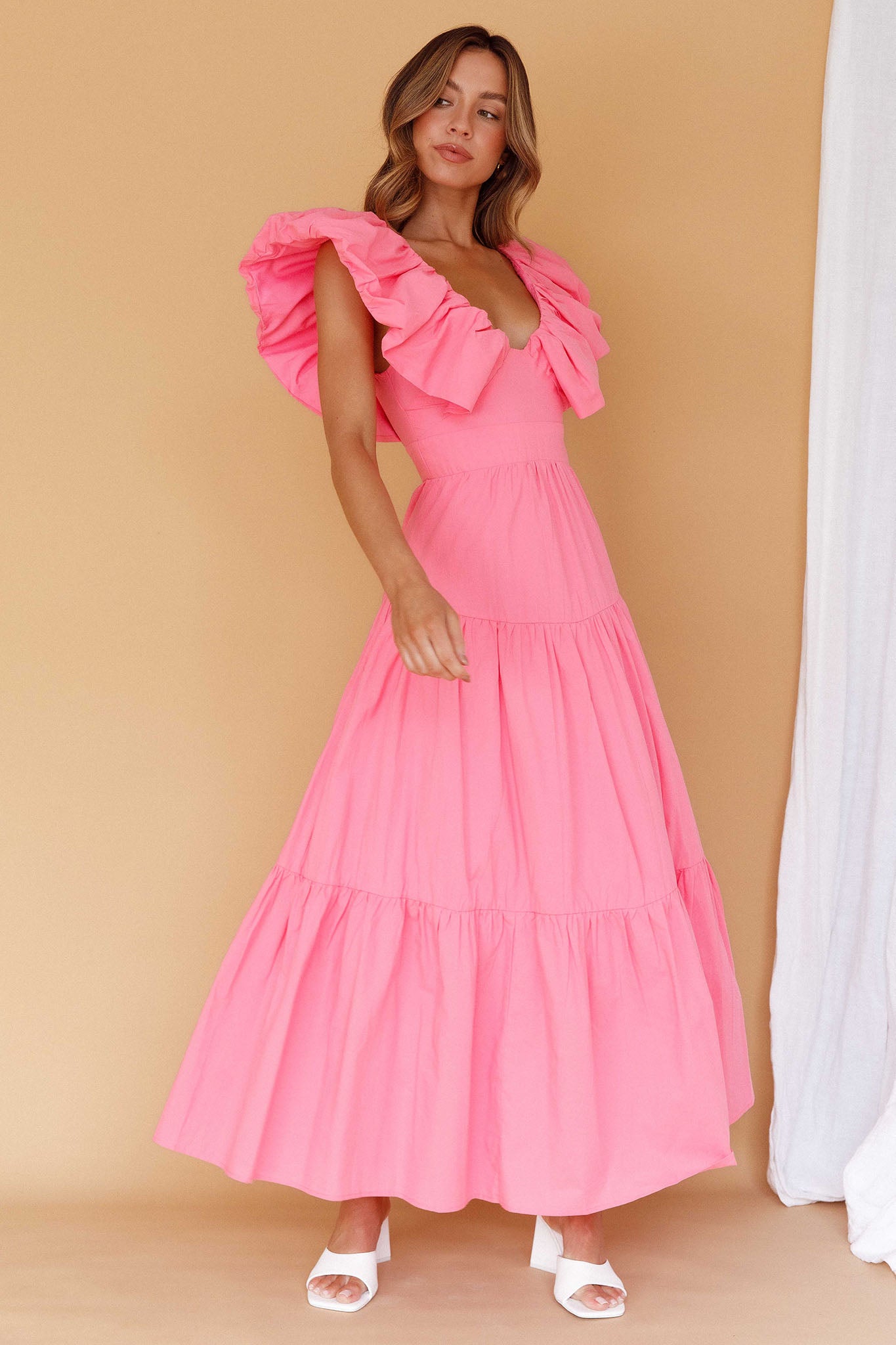 Kahlo Puffed Ruffle Neckline Maxi Dress Soft Pink-Maymioy