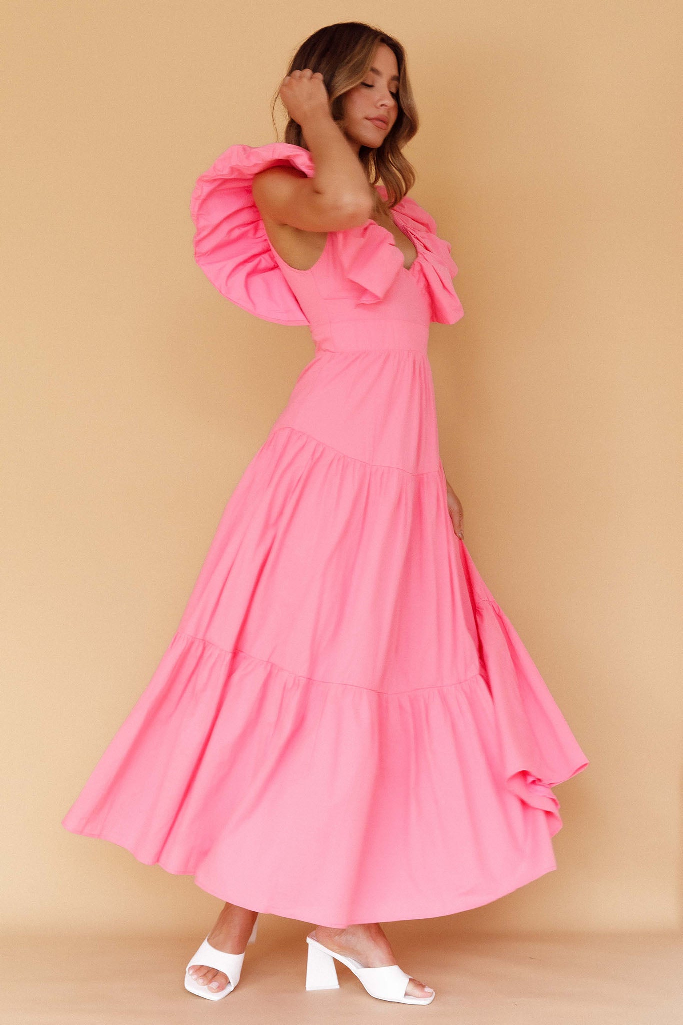 Kahlo Puffed Ruffle Neckline Maxi Dress Soft Pink-Maymioy