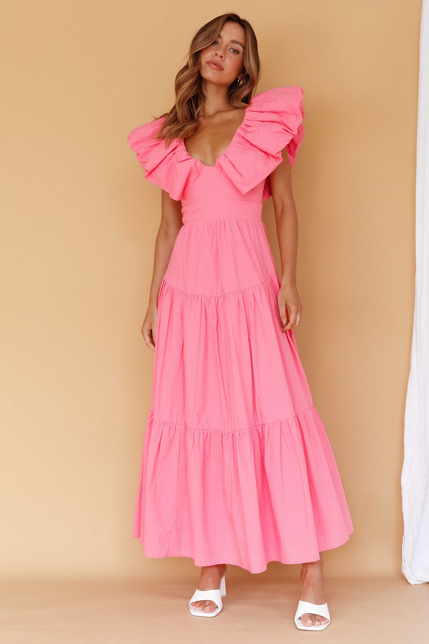 Kahlo Puffed Ruffle Neckline Maxi Dress Soft Pink-Maymioy