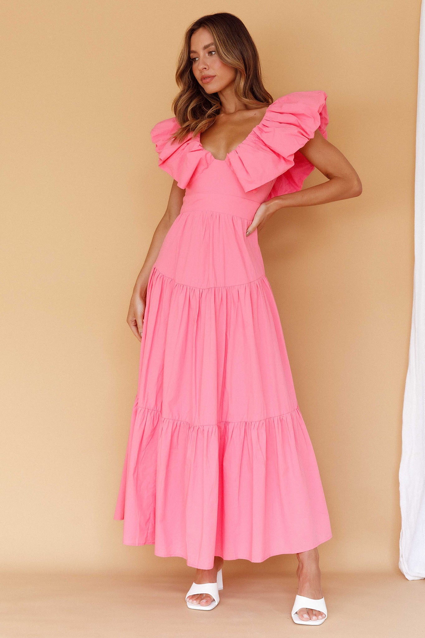 Kahlo Puffed Ruffle Neckline Maxi Dress Soft Pink-Maymioy