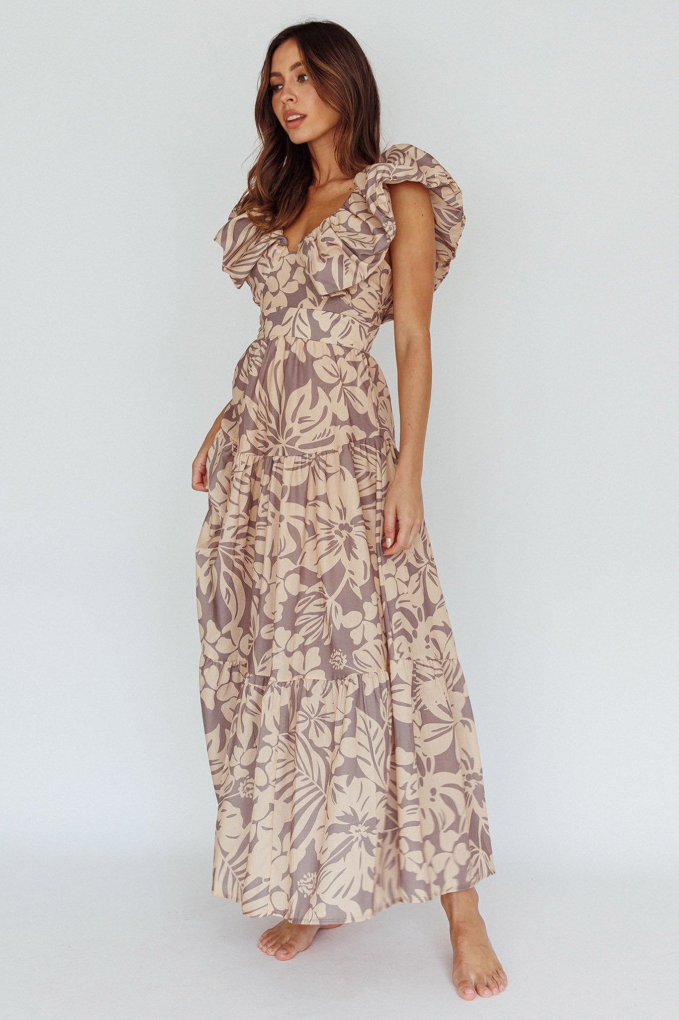 Kahlo Puffed Ruffle Neckline Maxi Dress Print Beige-Maymioy