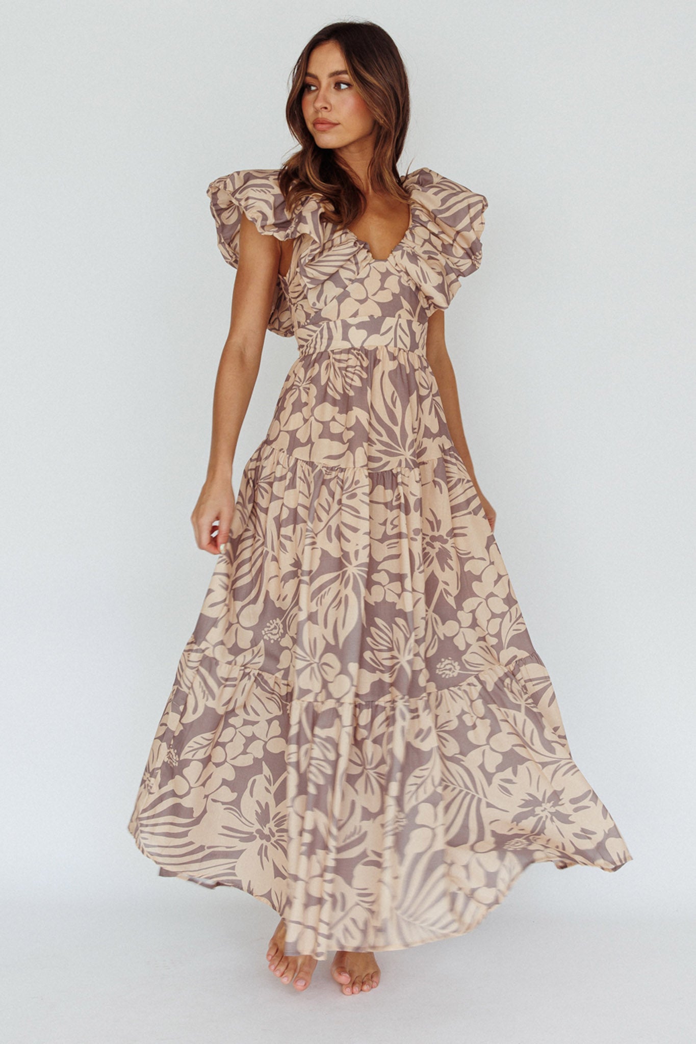 Kahlo Puffed Ruffle Neckline Maxi Dress Print Beige-Maymioy