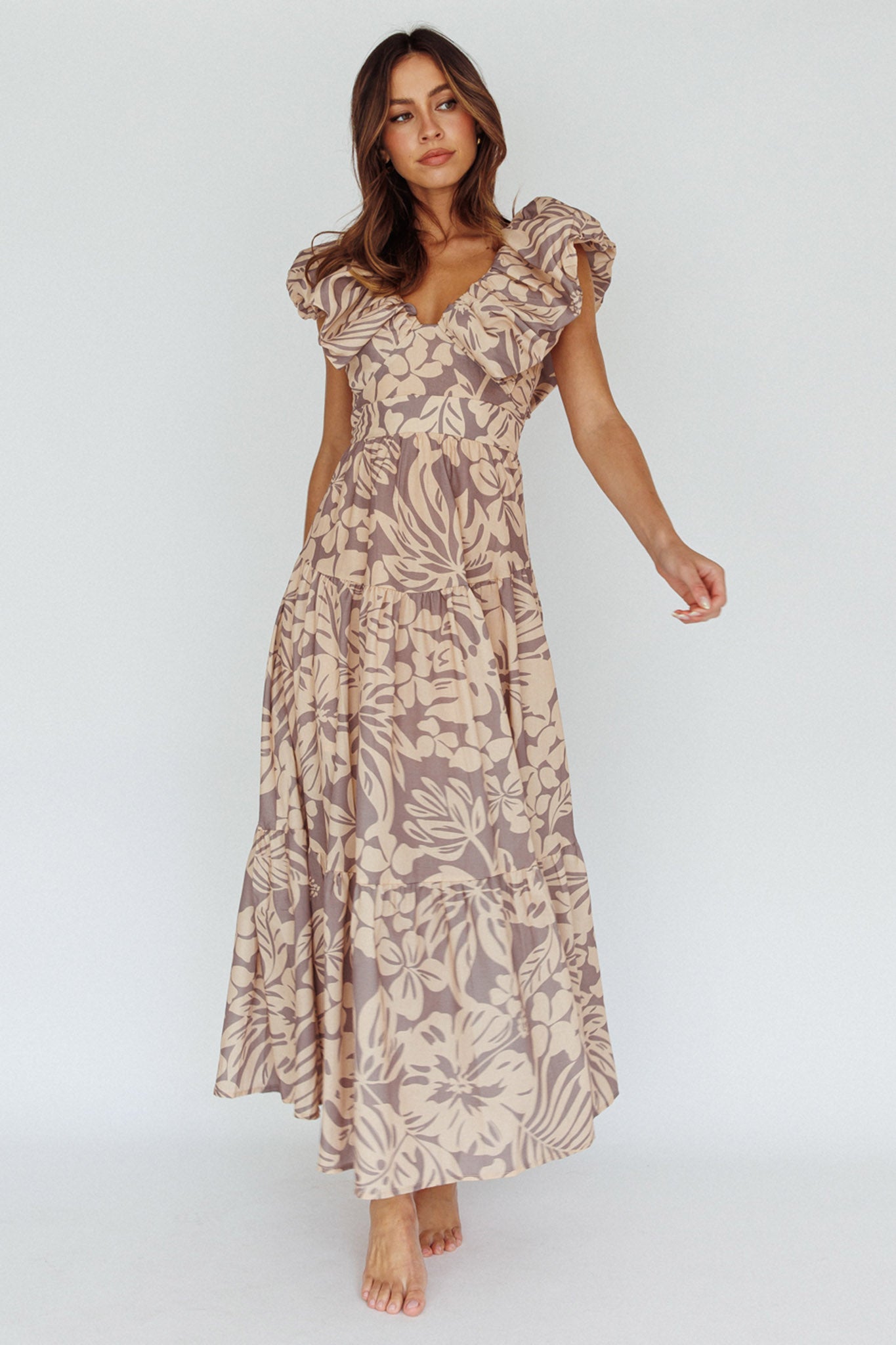 Kahlo Puffed Ruffle Neckline Maxi Dress Print Beige-Maymioy