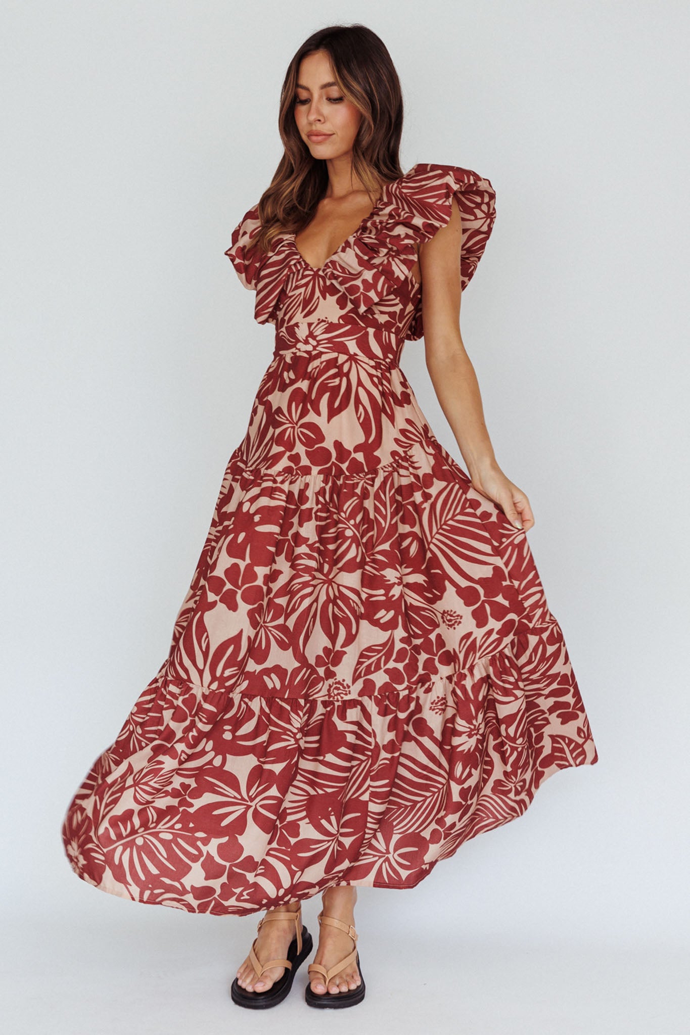 Kahlo Puffed Ruffle Neckline Maxi Dress Print Flame-Maymioy