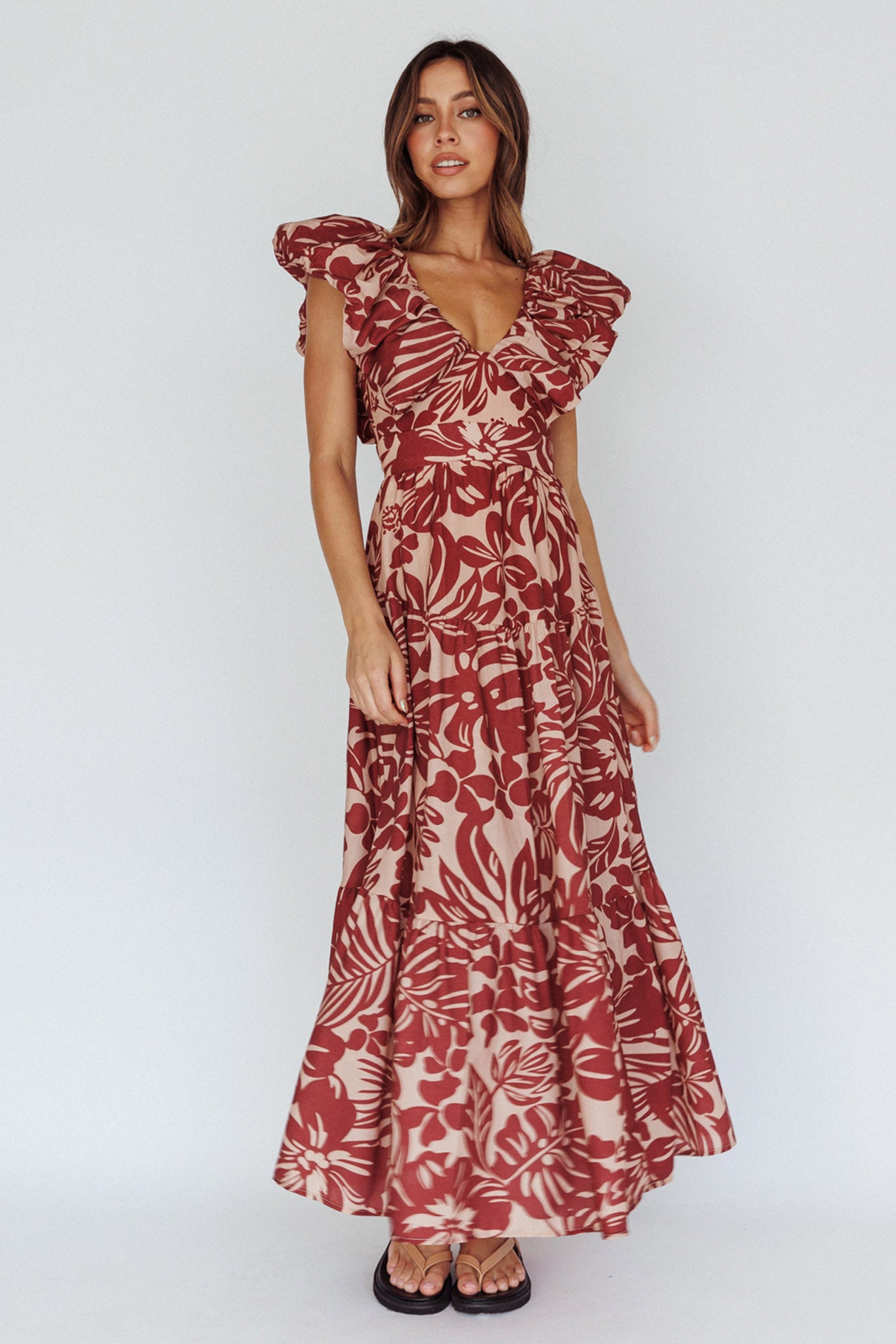 Kahlo Puffed Ruffle Neckline Maxi Dress Print Flame-Maymioy