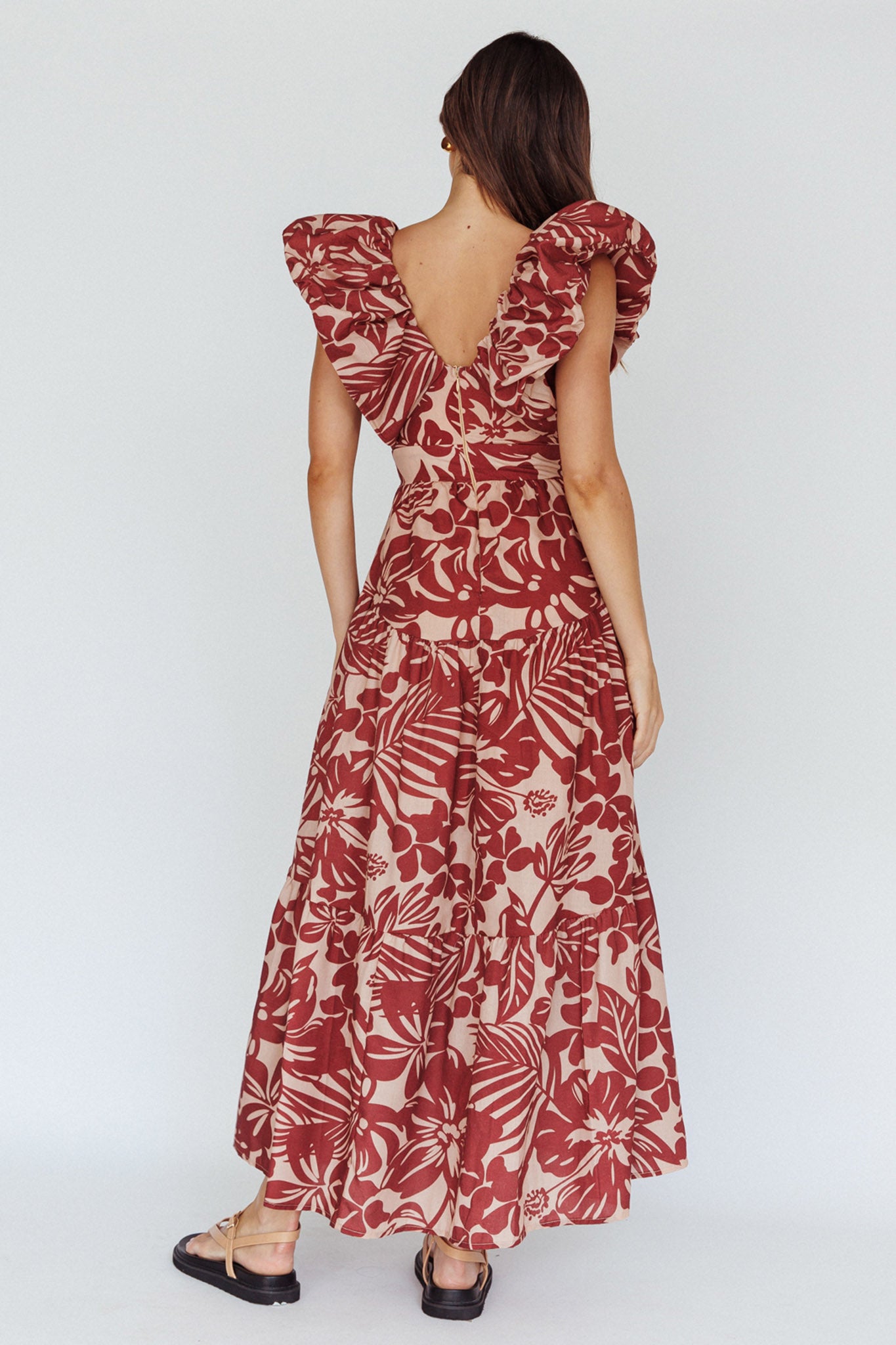 Kahlo Puffed Ruffle Neckline Maxi Dress Print Flame-Maymioy